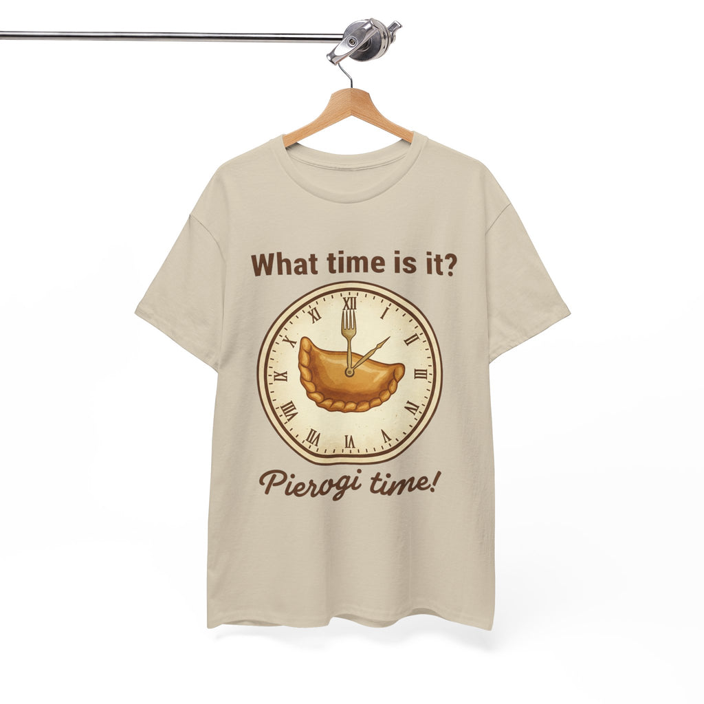 Pierogi Time T‑Shirt — "What time is it? Pierogi time!" Vintage Clock Food Tee