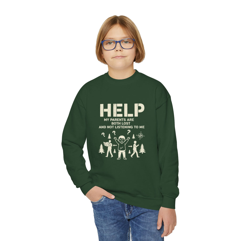 Youth Crewneck Sweatshirt — 'HELP My Parents Are Both Lost and Not Listening to Me' Funny Holiday Graphic