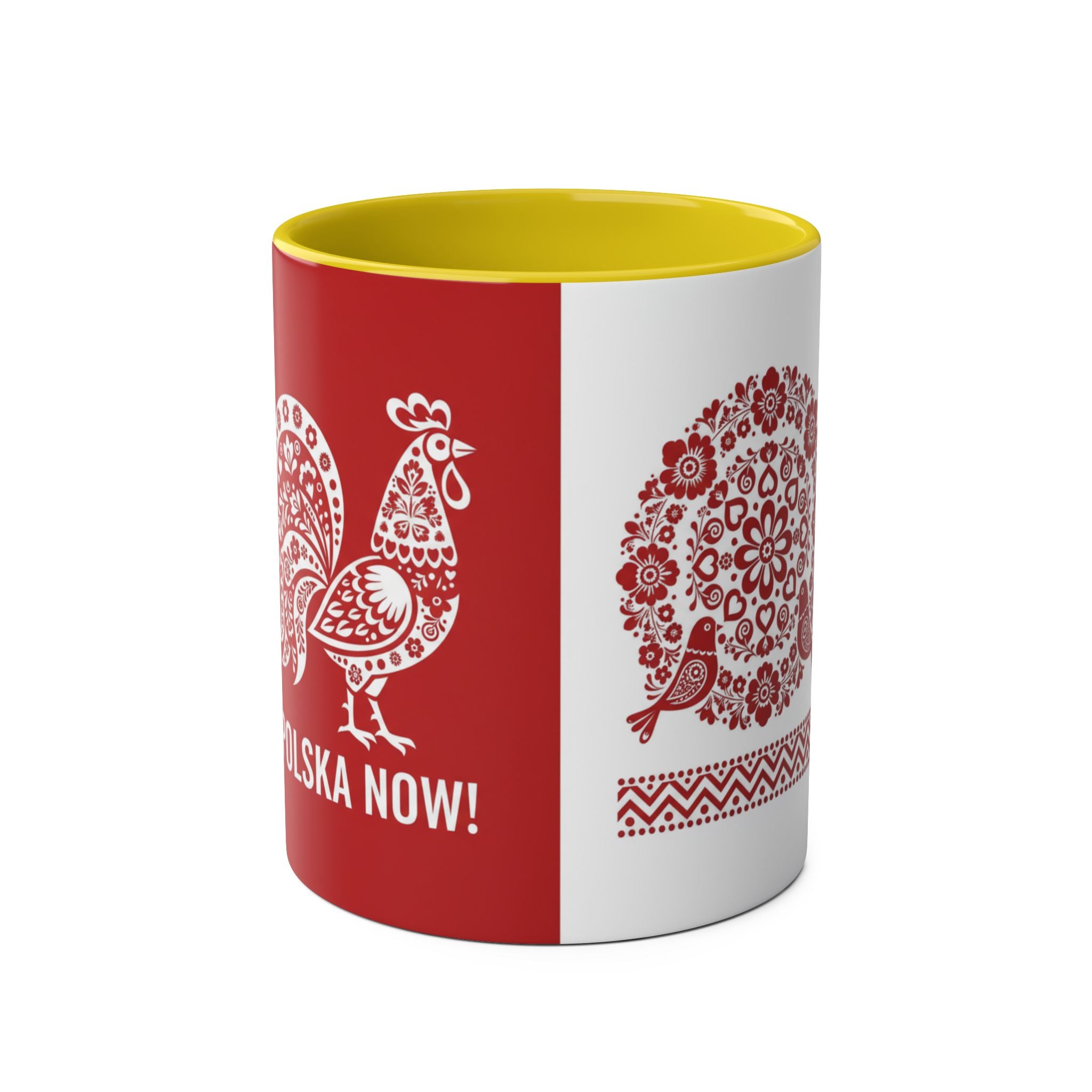 Polish Folk Rooster Coffee Mug — 'Polska Now!' Two-Tone 11oz Ceramic