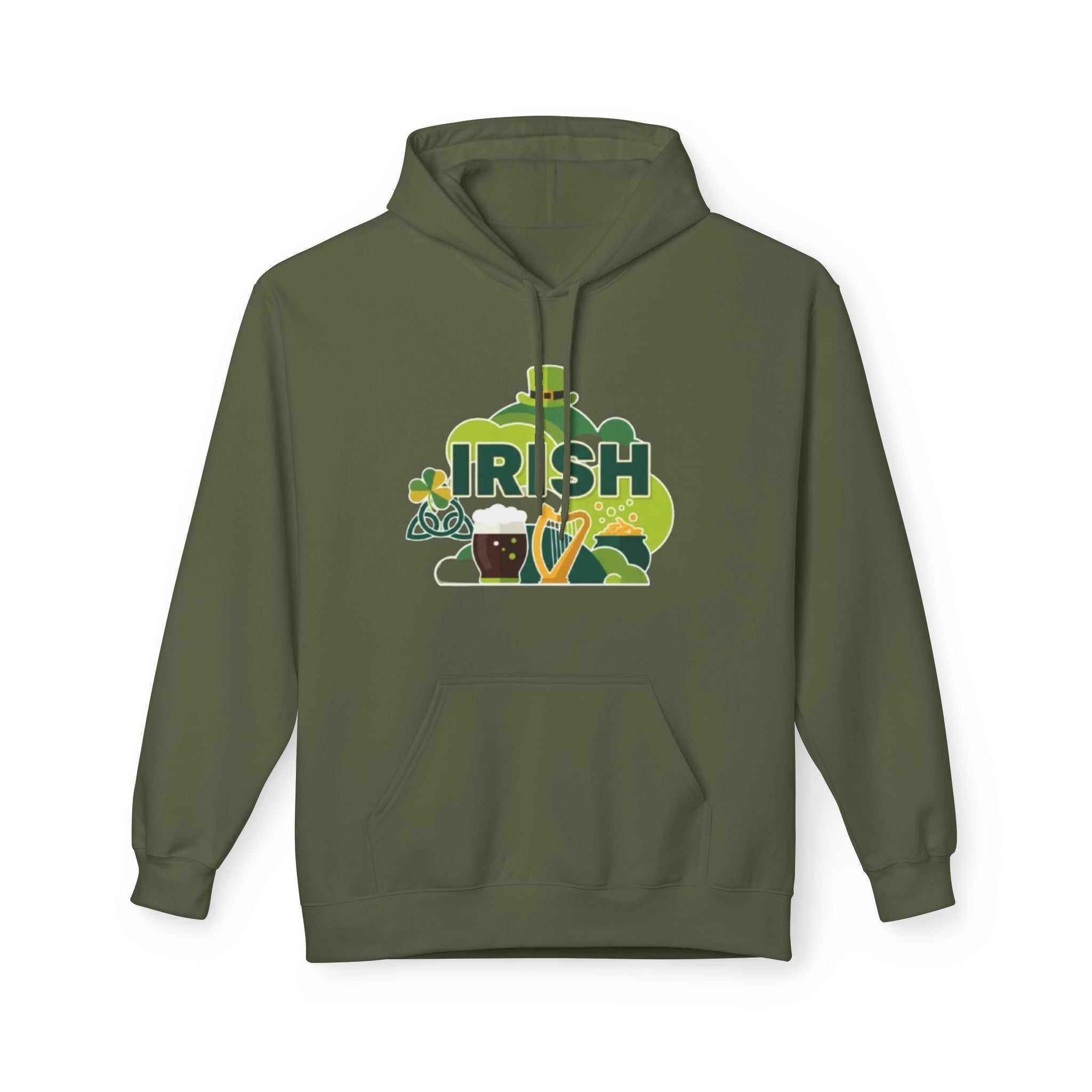 Irish St. Patrick's Day Hoodie — Shamrock, Leprechaun Hat & Pint Design