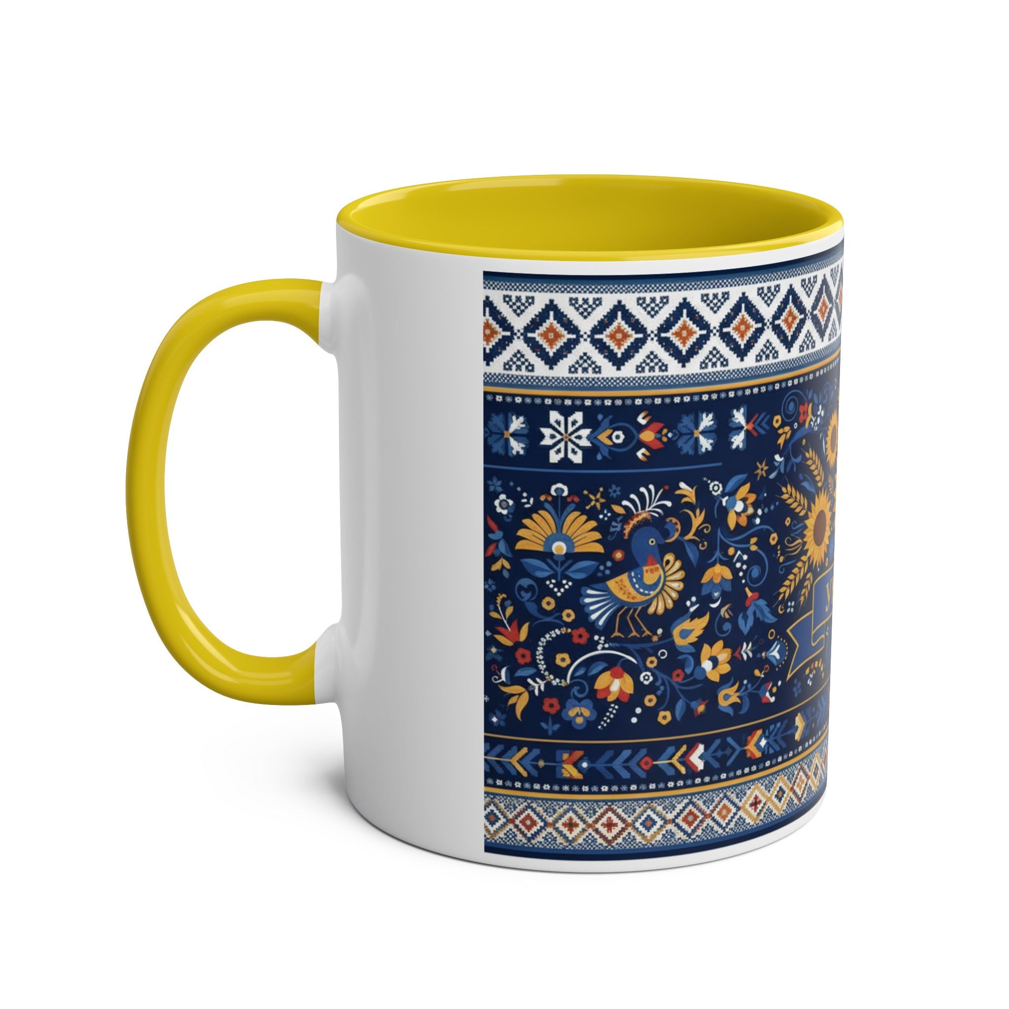 Ukraine Sunflowers Ceramic Mug — Two-Tone 11oz Coffee Cup with Ukrainian Folk Pattern