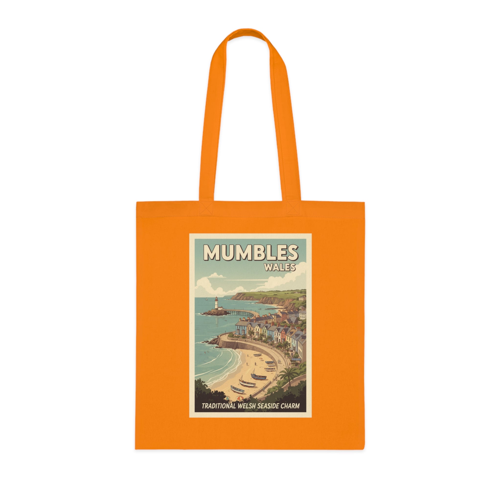 Mumbles Wales Vintage Seaside Tote Bag — Retro Travel Poster Cotton Tote
