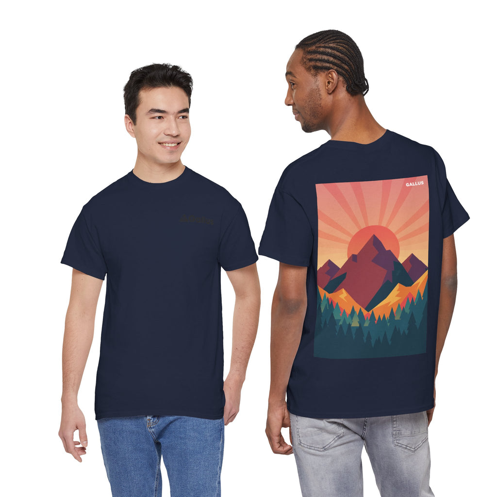 Mountain Sunset Graphic Tee — Vintage Nature Poster Back Print