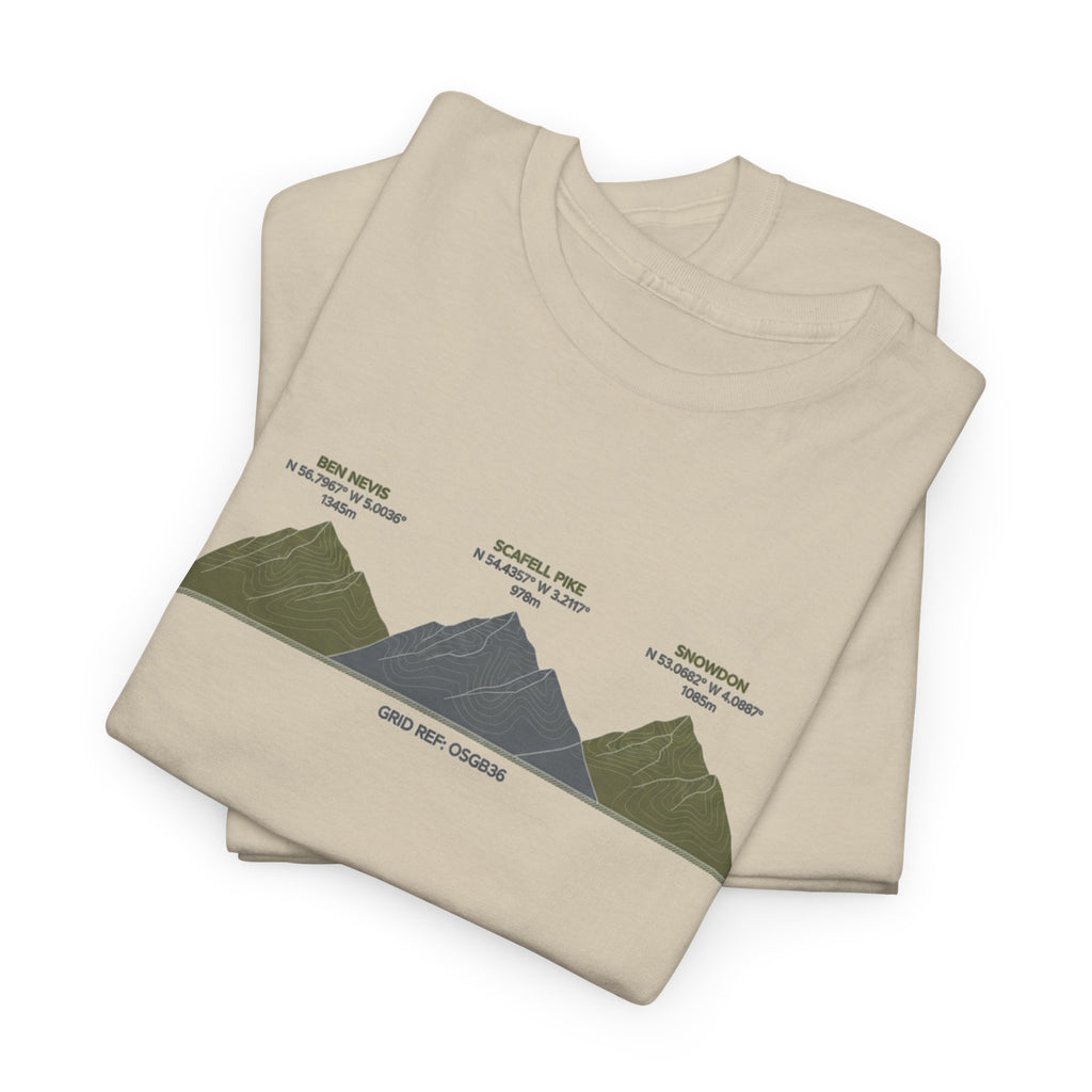 Three Peaks Challenge Graphic T-Shirt — Retro UK Mountain Hiking Tee