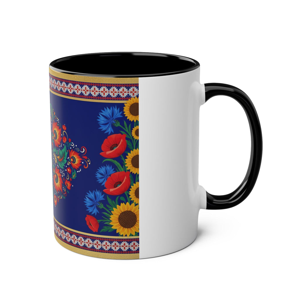 Ukrainian Floral Coffee Mug — Two-Tone 11oz with Tryzub & Folk Motif