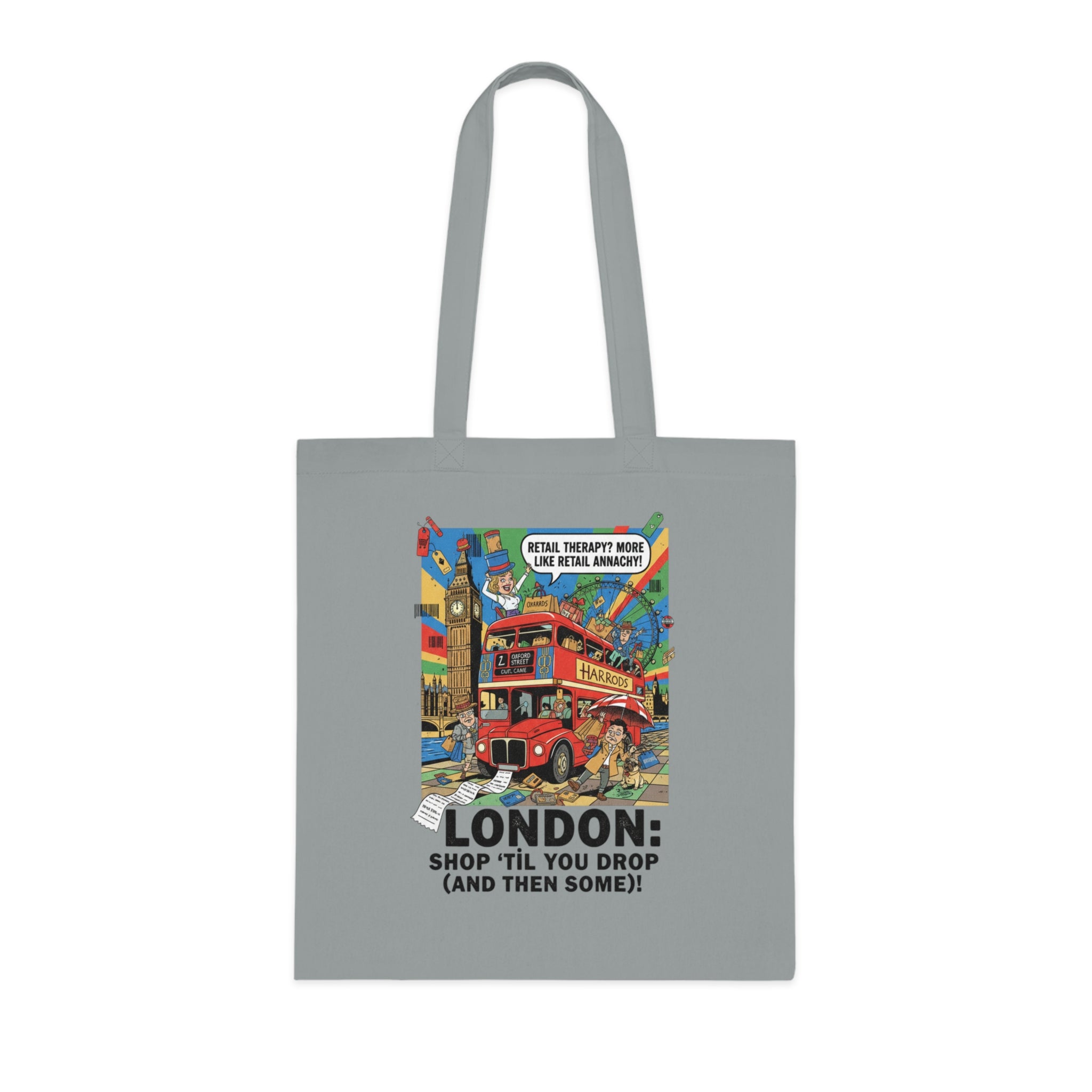 London Vintage Travel Tote Bag — "Shop 'Til You Drop (And Then Some)!" Cotton Shopper