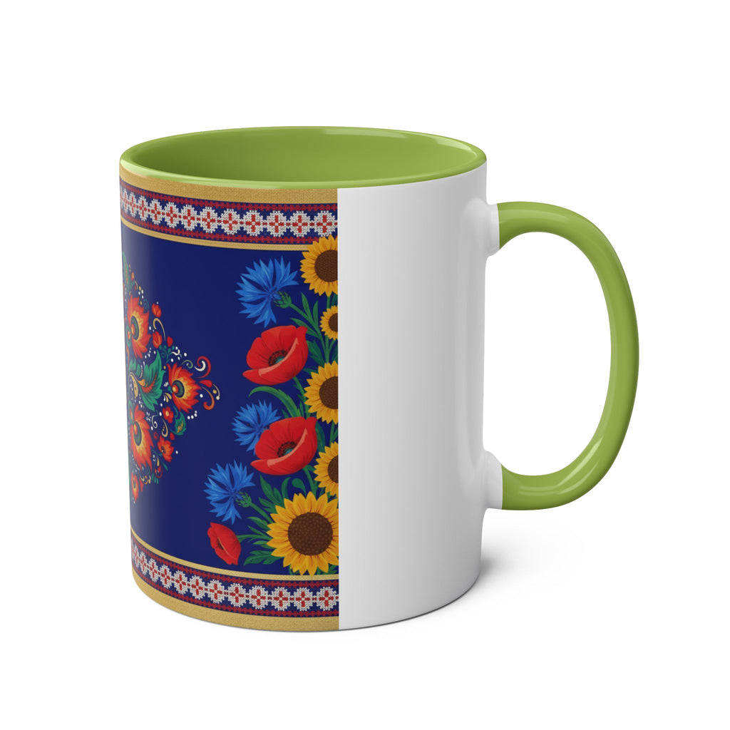 Ukrainian Floral Coffee Mug — Two-Tone 11oz with Tryzub & Folk Motif