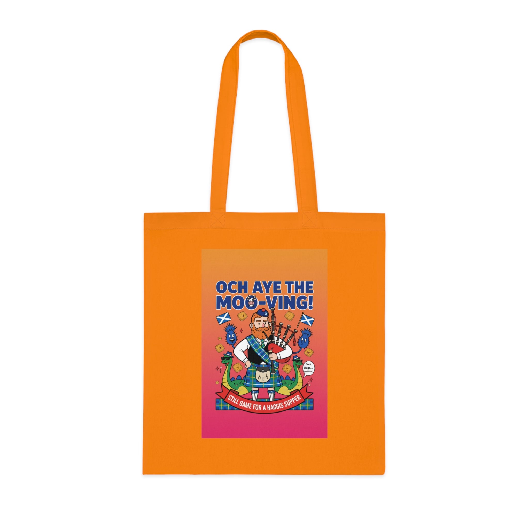 Scottish Cow Cartoon Cotton Tote — "Och Aye the Moo-ving!" Funny Celtic Grocery Bag