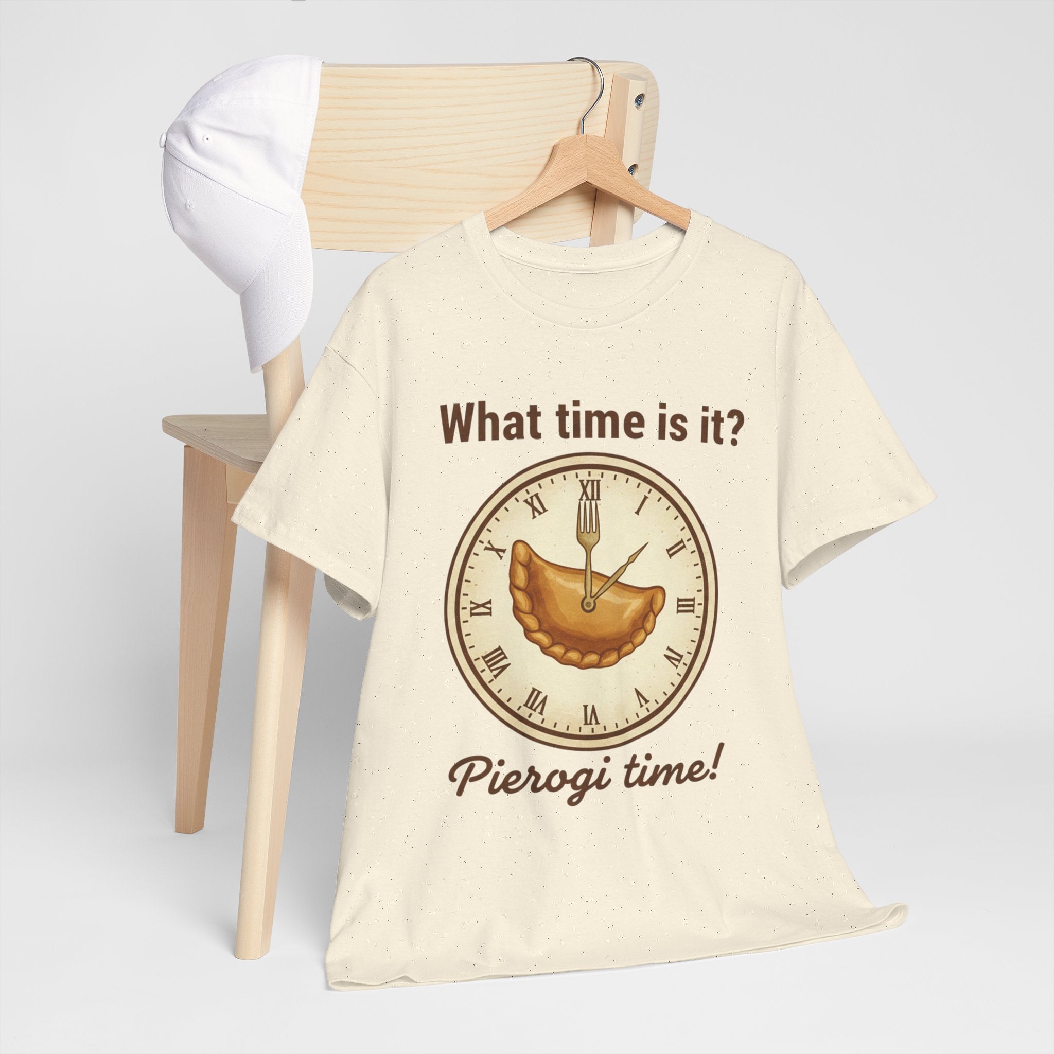 Pierogi Time T‑Shirt — "What time is it? Pierogi time!" Vintage Clock Food Tee