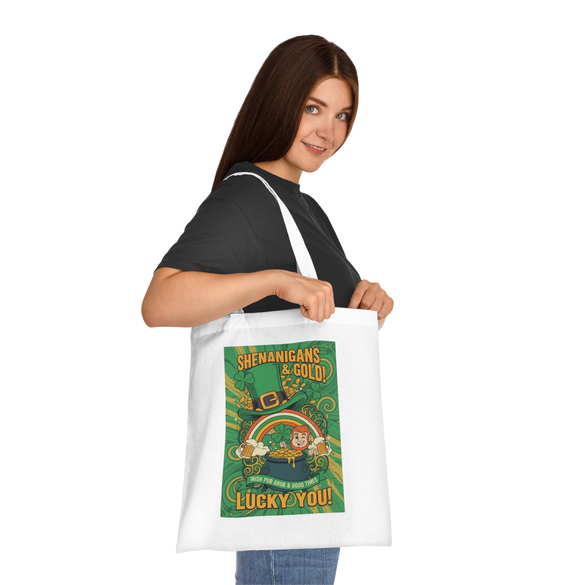 St. Patrick’s Day Tote Bag — “Shenanigans & Gold! Lucky You!” Cotton Grocery Tote