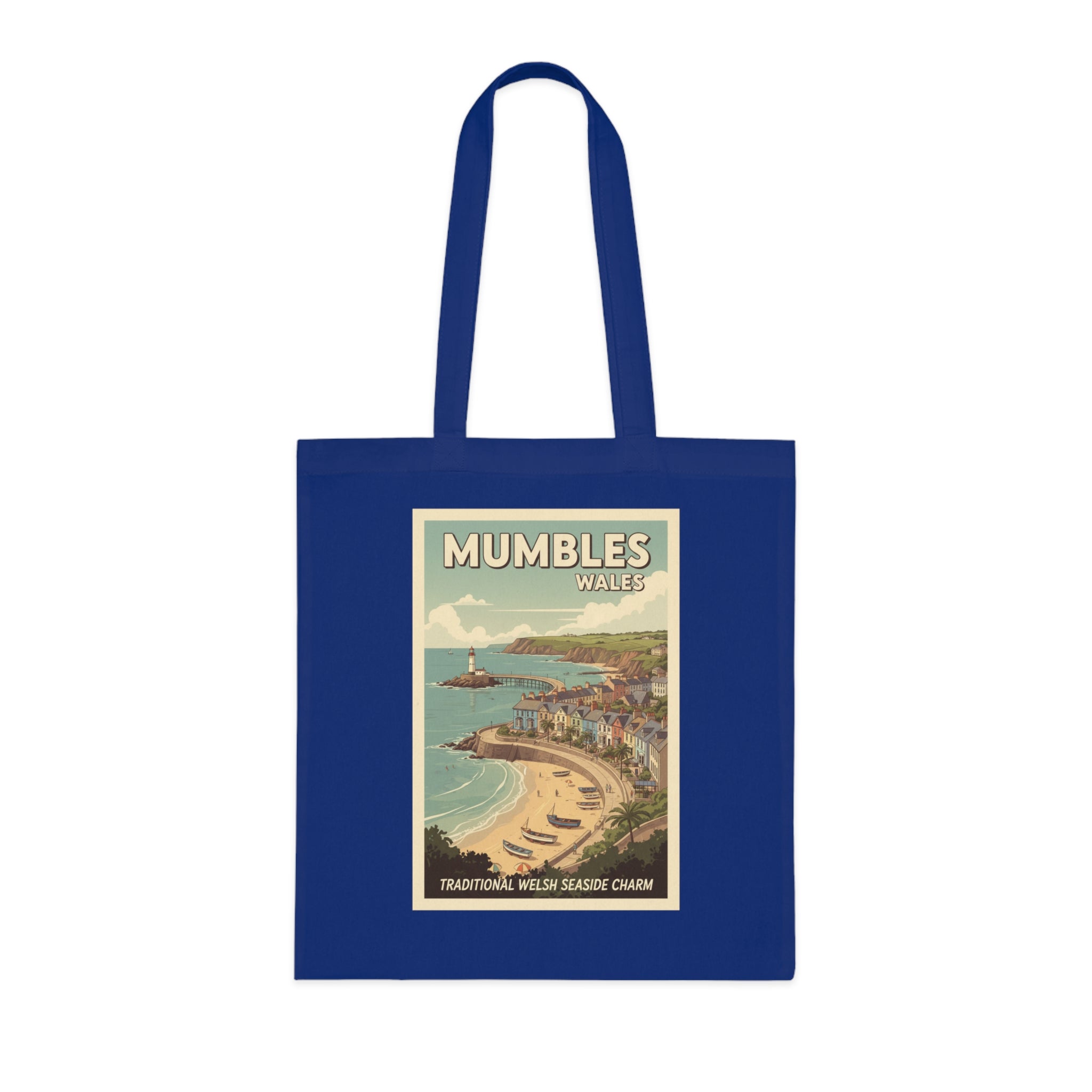 Mumbles Wales Vintage Seaside Tote Bag — Retro Travel Poster Cotton Tote