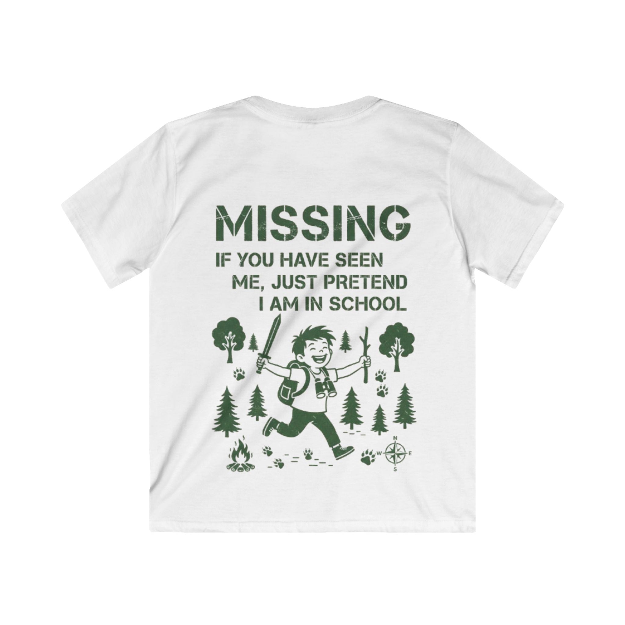 Kids Tee — "Missing: If You’ve Seen Me, Just Pretend I’m in School" Adventure Graphic