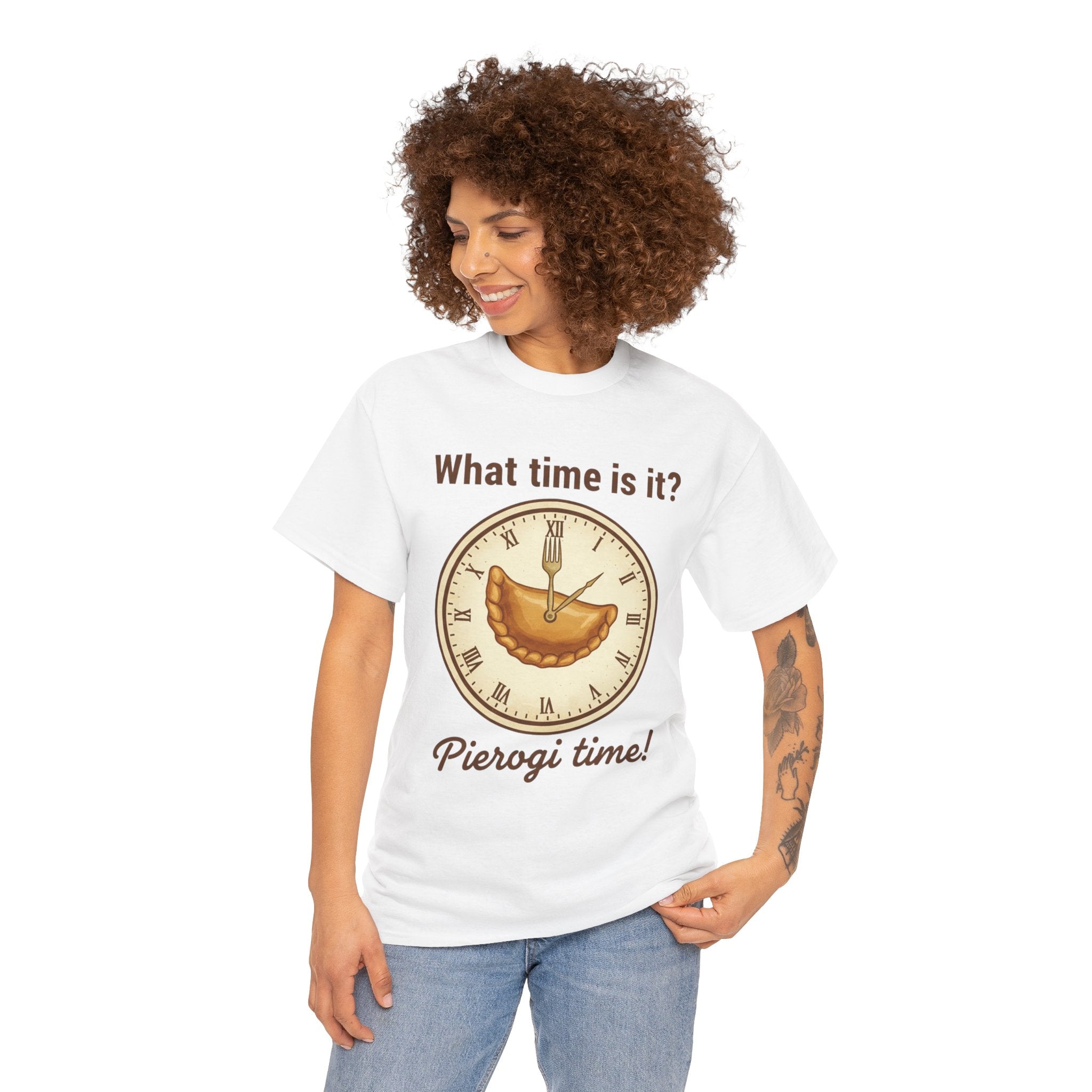 Pierogi Time T‑Shirt — "What time is it? Pierogi time!" Vintage Clock Food Tee