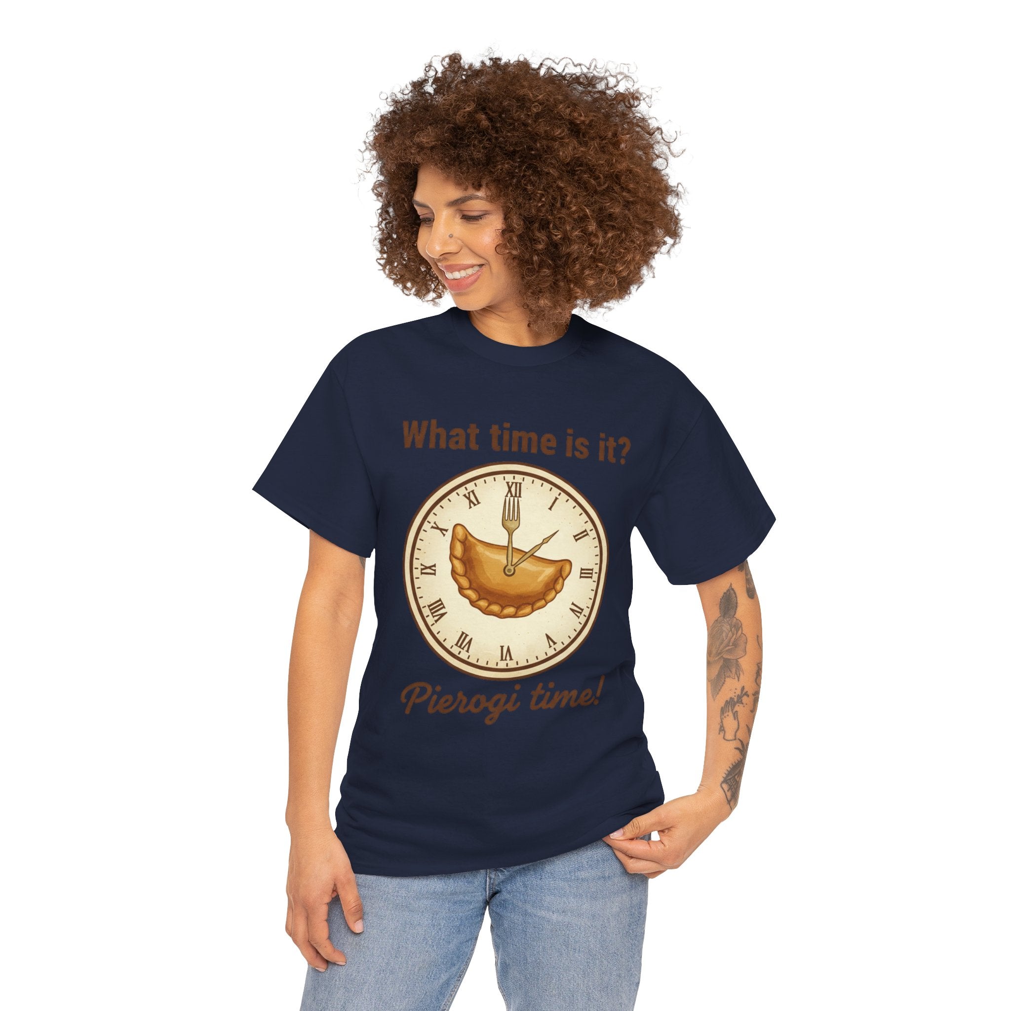Pierogi Time T‑Shirt — "What time is it? Pierogi time!" Vintage Clock Food Tee