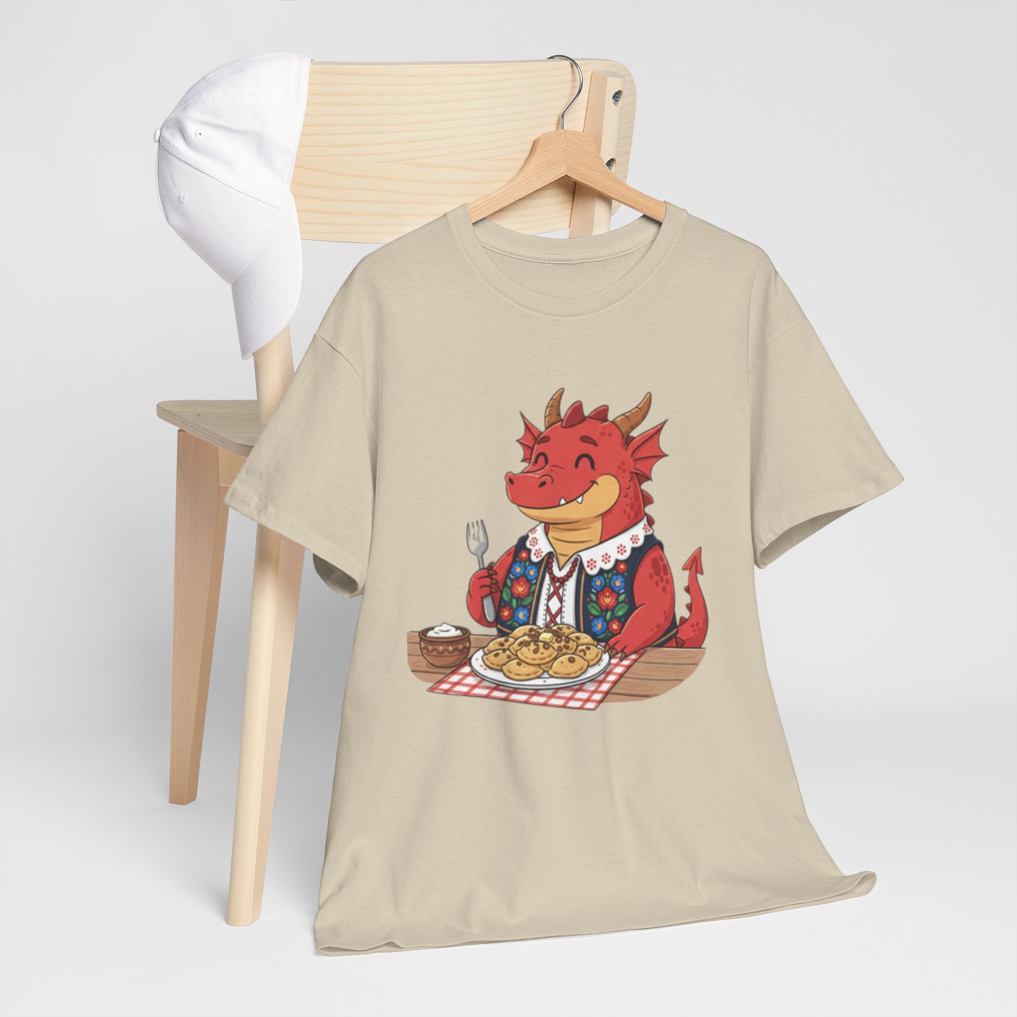 Dragon Eating Pierogi T-Shirt — "Mój nowy smok. Też lubi pierogi." Cute Polish Food Tee