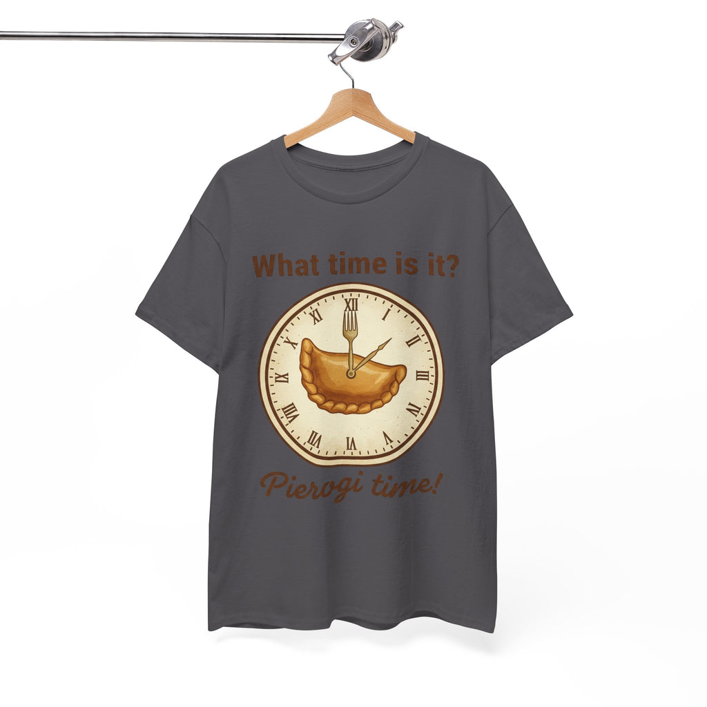 Pierogi Time T‑Shirt — "What time is it? Pierogi time!" Vintage Clock Food Tee