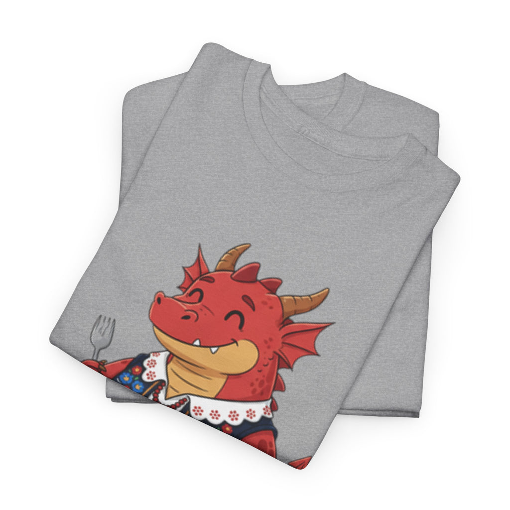 Dragon Eating Pierogi T-Shirt — "Mój nowy smok. Też lubi pierogi." Cute Polish Food Tee