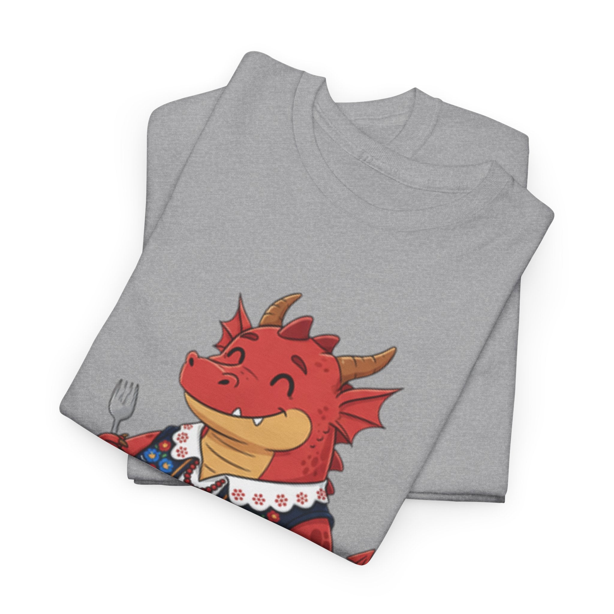 Dragon Eating Pierogi T-Shirt — "Mój nowy smok. Też lubi pierogi." Cute Polish Food Tee