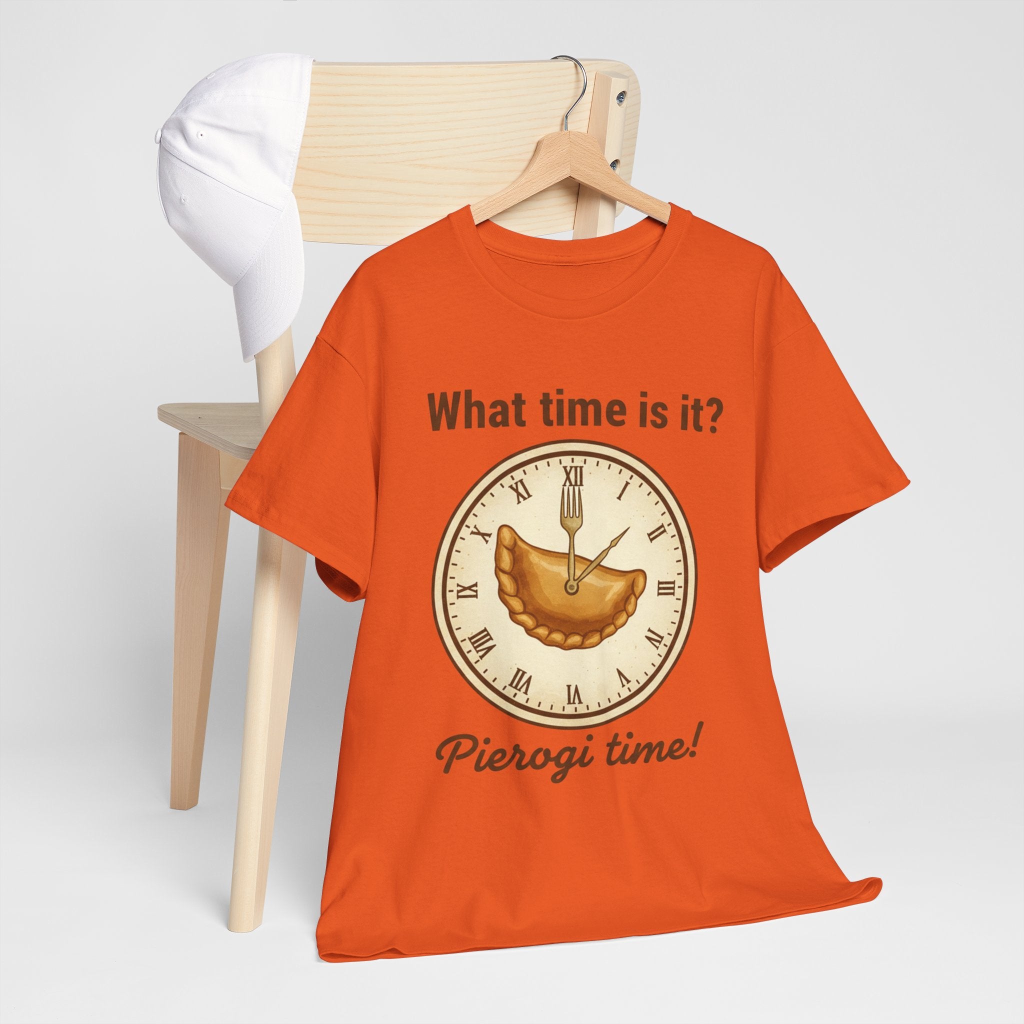 Pierogi Time T‑Shirt — "What time is it? Pierogi time!" Vintage Clock Food Tee