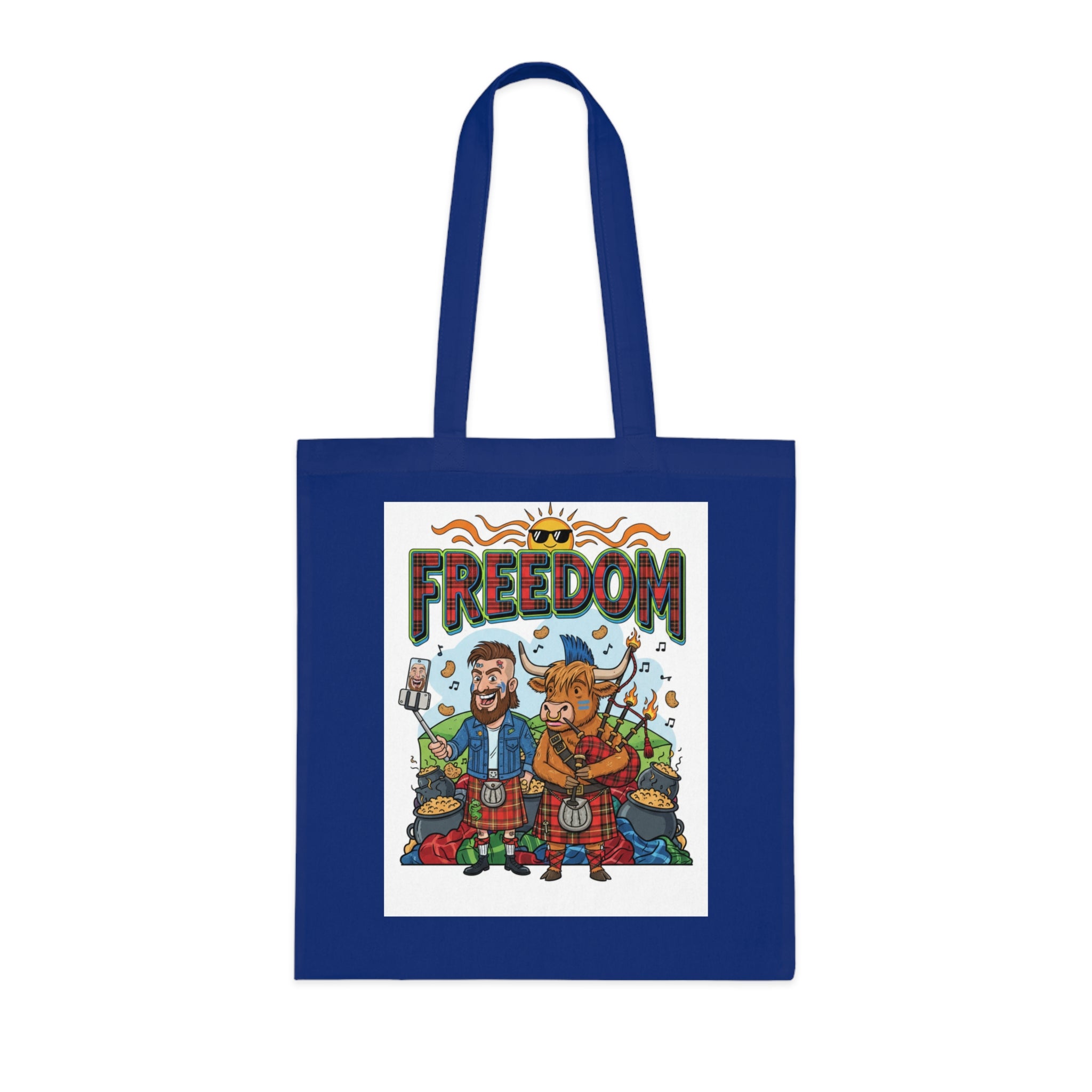 Freedom Scottish Highlanders Cotton Tote — Funny Kilted Bagpipes Design