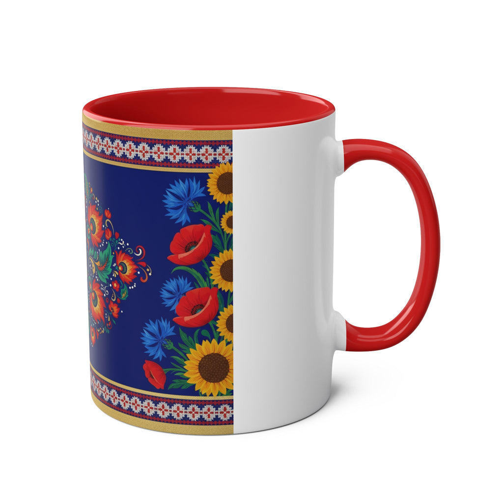 Ukrainian Floral Coffee Mug — Two-Tone 11oz with Tryzub & Folk Motif
