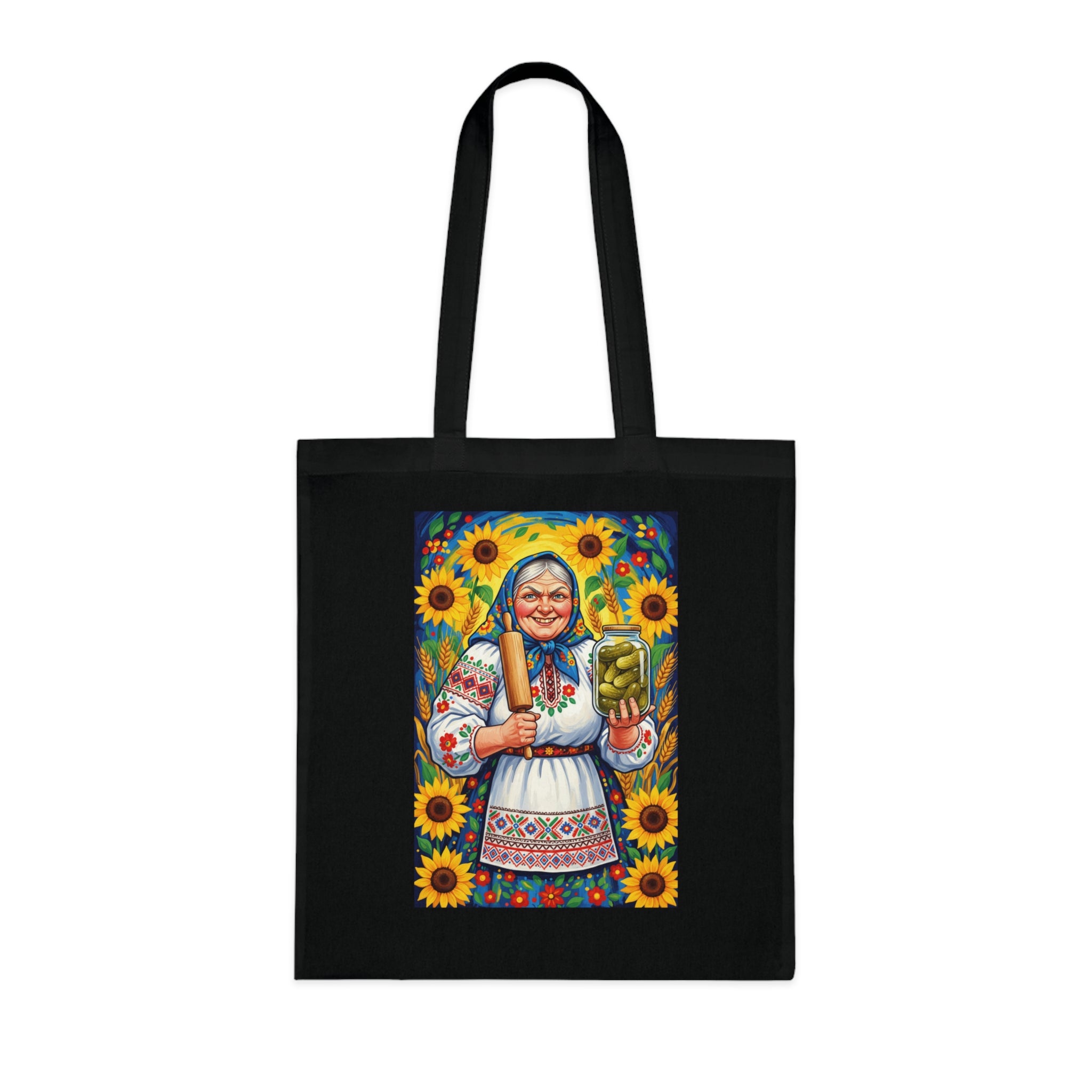 Sunflower Baba Tote - Ukrainian Folk Art Cotton Tote Bag
