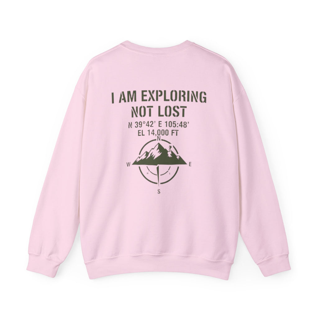 Exploring Not Lost Crewneck Sweatshirt — Mountain Compass Adventure Graphic