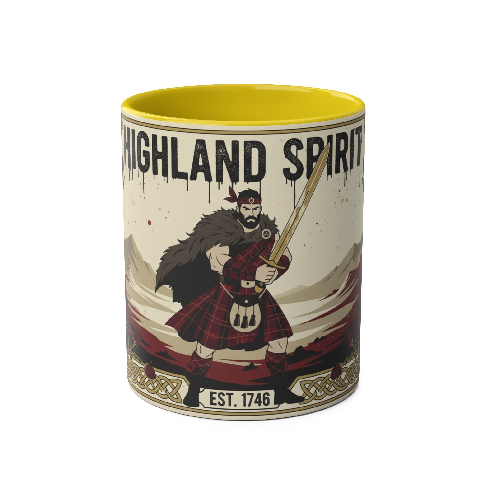 Highland Spirit Coffee Mug — Vintage Scottish Highlander 11oz Two-Tone Ceramic