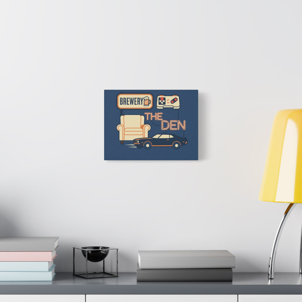 The Den Canvas Wall Art – Retro Brewery, Armchair & Classic Car Matte Print