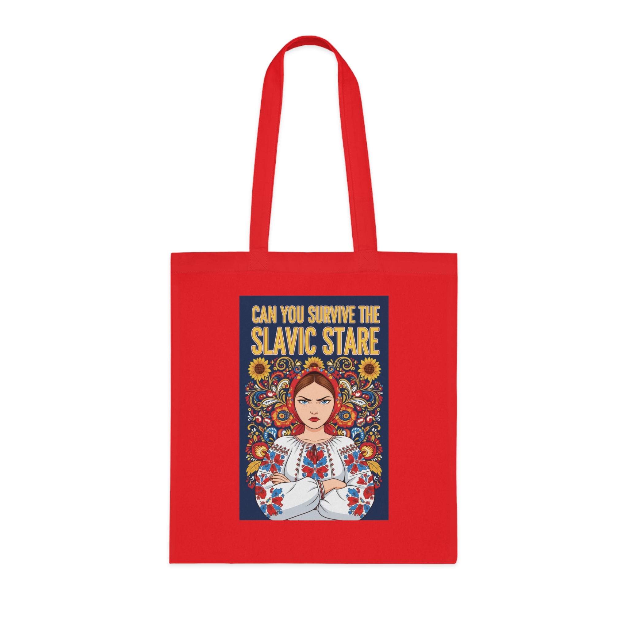 Slavic Stare Cotton Tote — Feminine Folk Art Reusable Bag ("Can You Survive the Slavic Stare")