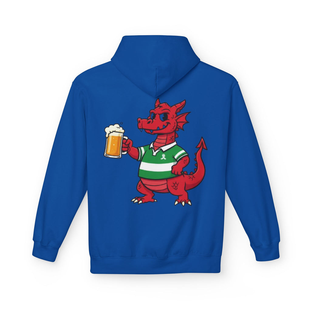 Welsh Dragon Drinking Beer Hoodie — Rugby Pub Fan Pullover