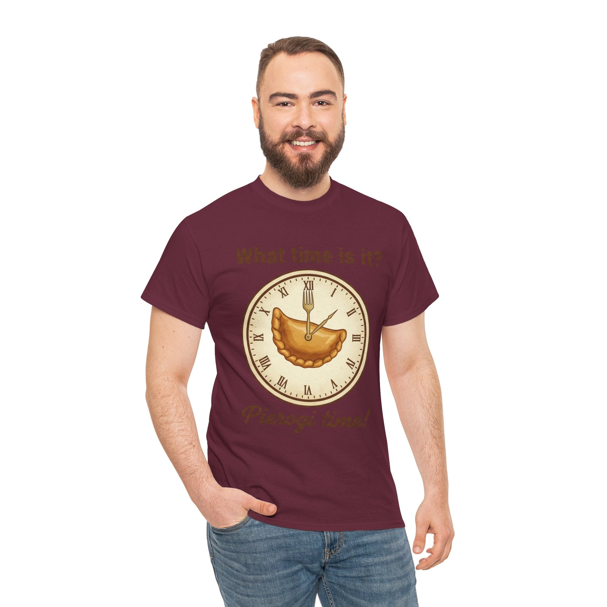 Pierogi Time T‑Shirt — "What time is it? Pierogi time!" Vintage Clock Food Tee