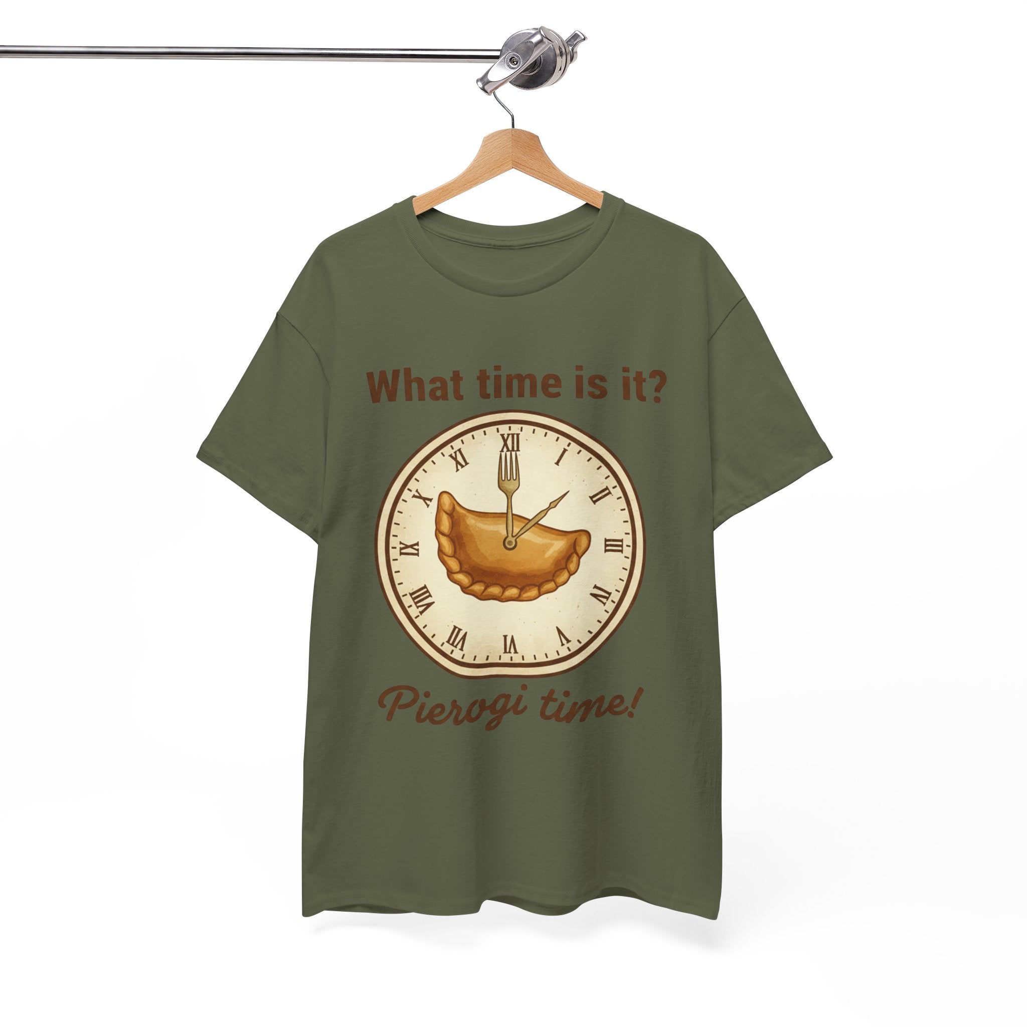 Pierogi Time T‑Shirt — "What time is it? Pierogi time!" Vintage Clock Food Tee