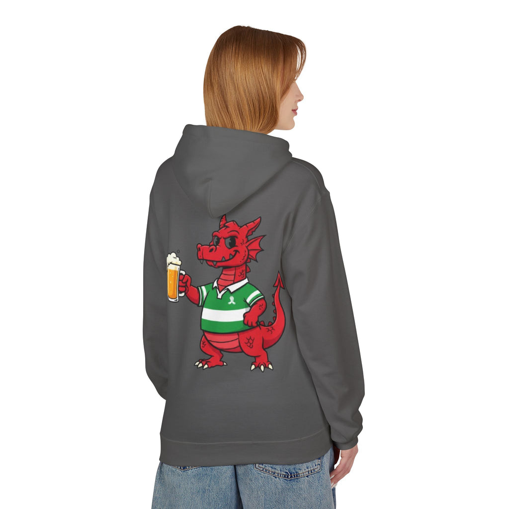 Welsh Dragon Drinking Beer Hoodie — Rugby Pub Fan Pullover