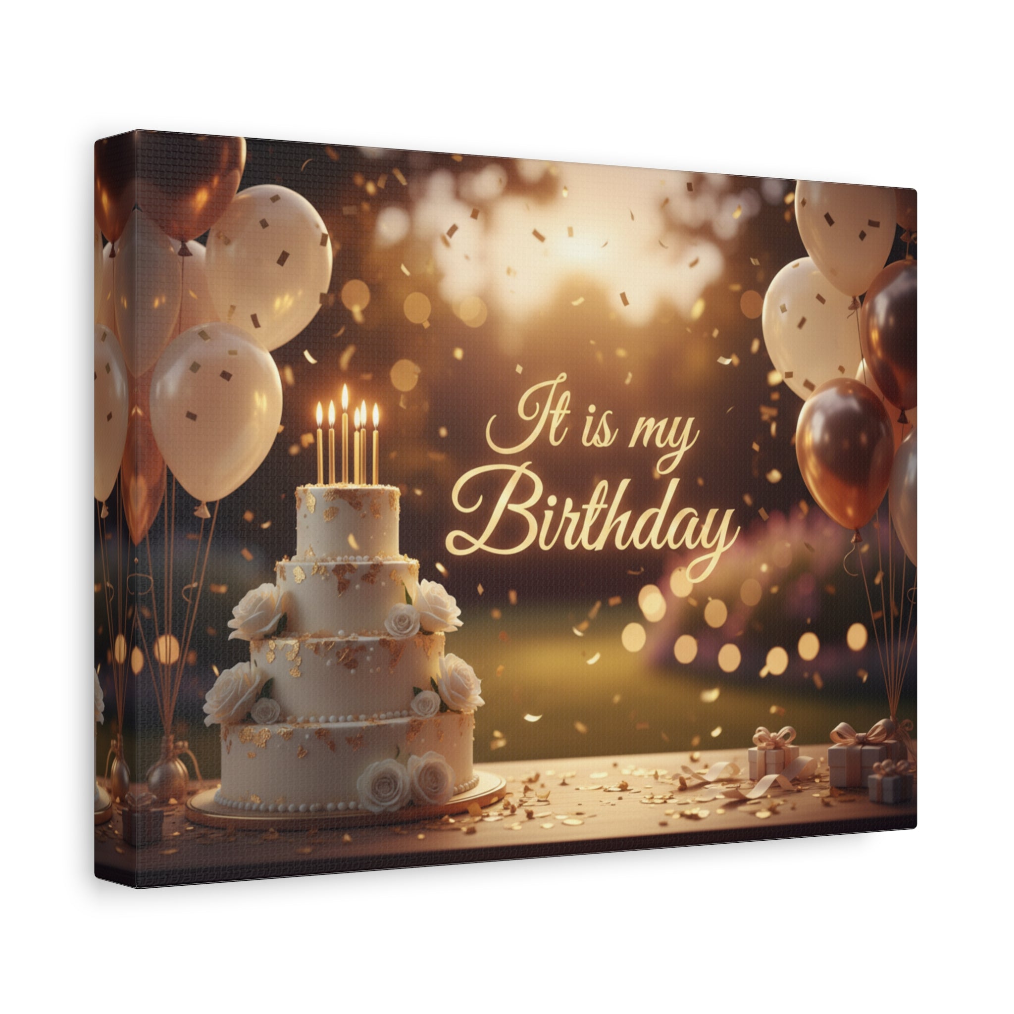 Birthday Canvas Wall Art - "It Is My Birthday" Celebration Cake & Balloons Matte Stretched Canvas