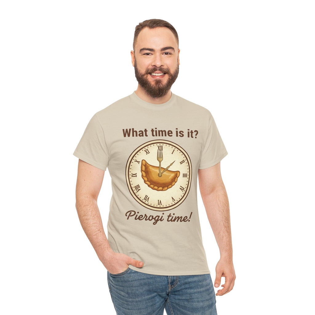 Pierogi Time T‑Shirt — "What time is it? Pierogi time!" Vintage Clock Food Tee