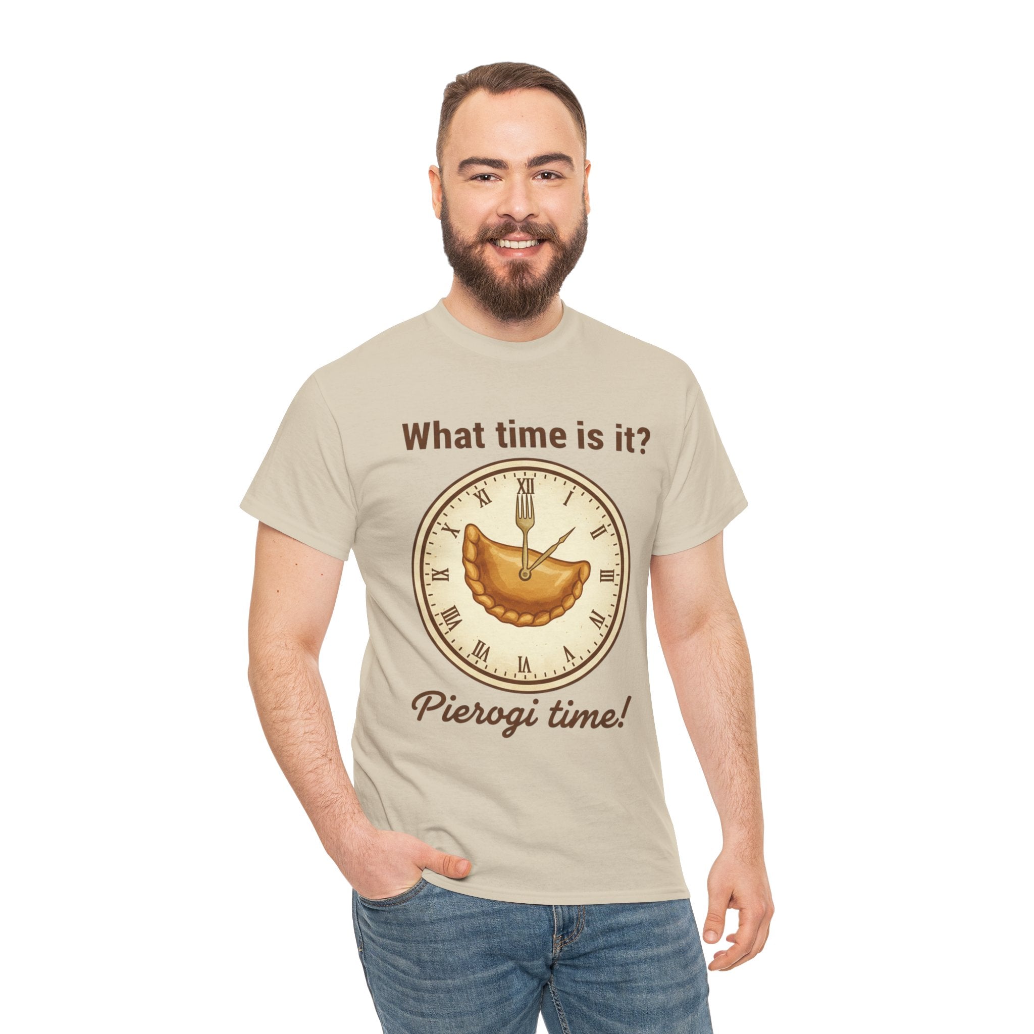 Pierogi Time T‑Shirt — "What time is it? Pierogi time!" Vintage Clock Food Tee