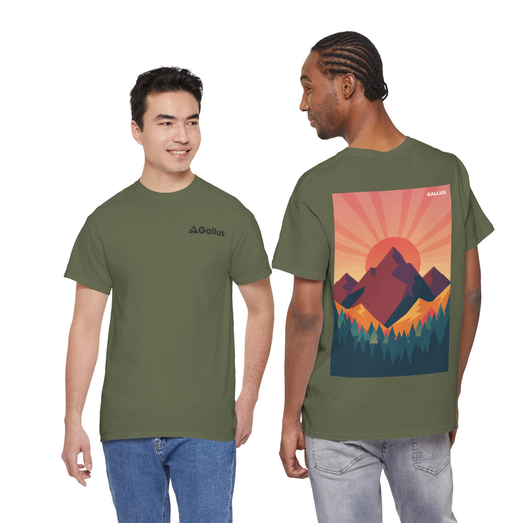 Mountain Sunset Graphic Tee — Vintage Nature Poster Back Print