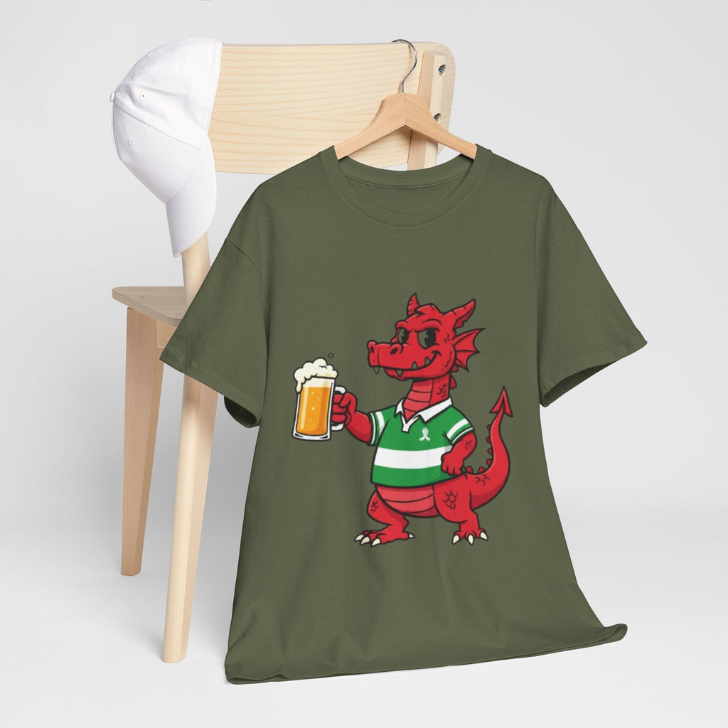 Dragon Cheers T‑Shirt — Cute Red Dragon Holding Beer Graphic Tee