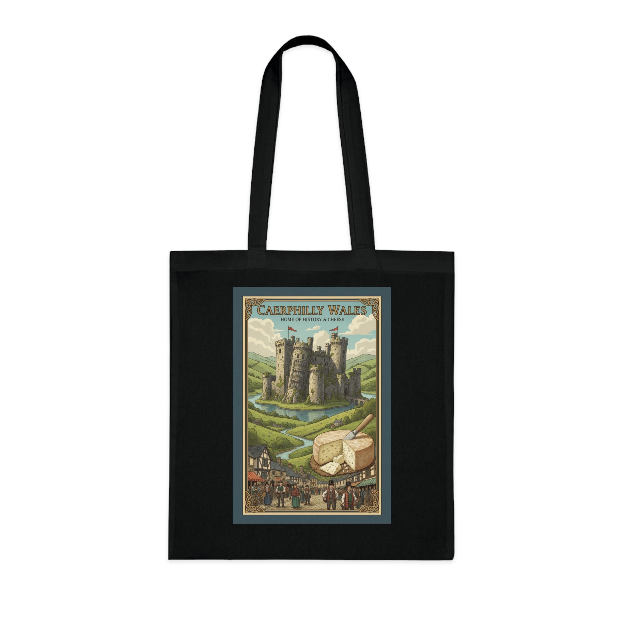 Vintage Castle & Cheese Market Cotton Tote — 'Caerphilly Wales' Retro Travel Poster Tote