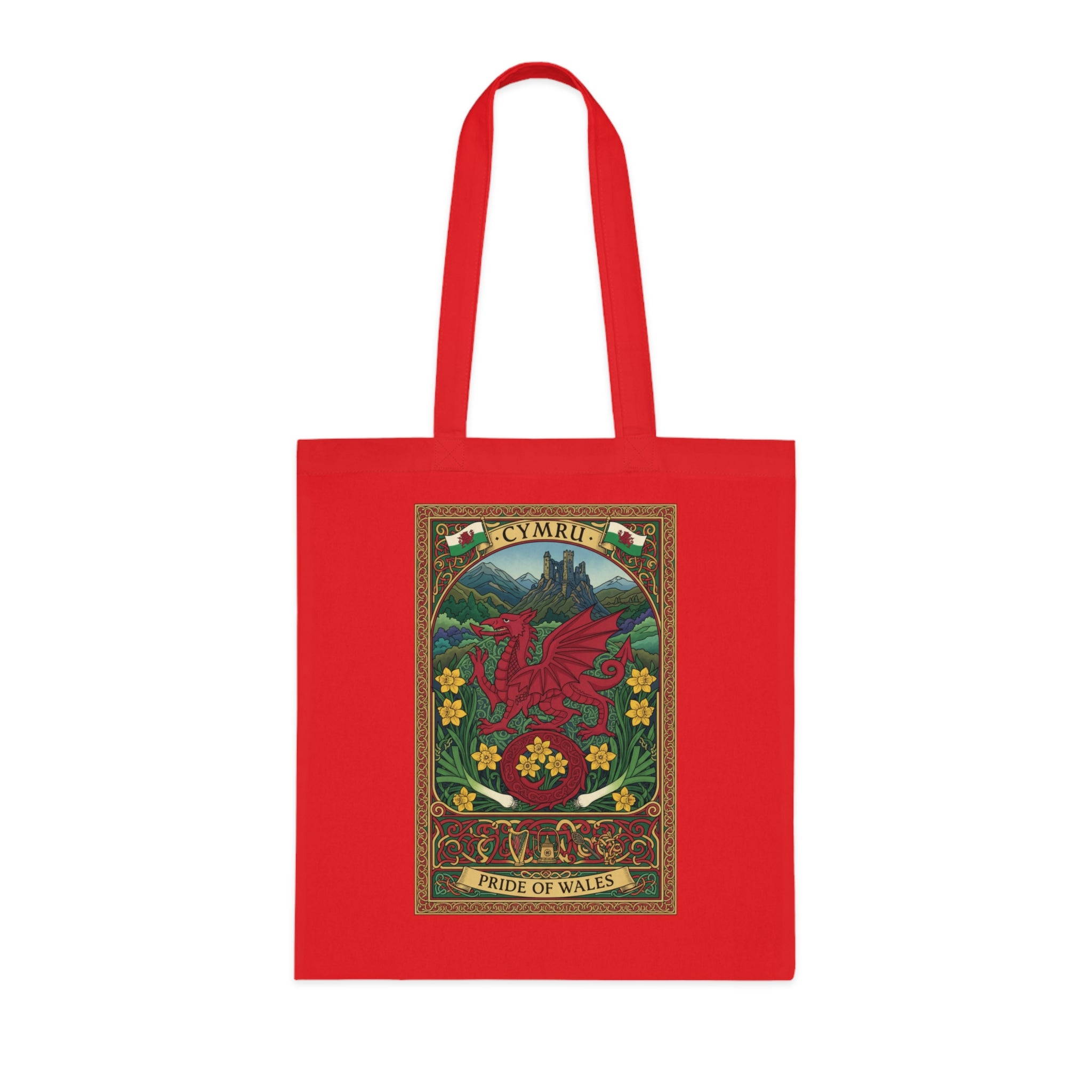 Wales Pride Tote — Cymru Red Dragon Cotton Tote (Vintage Celtic Floral Design)