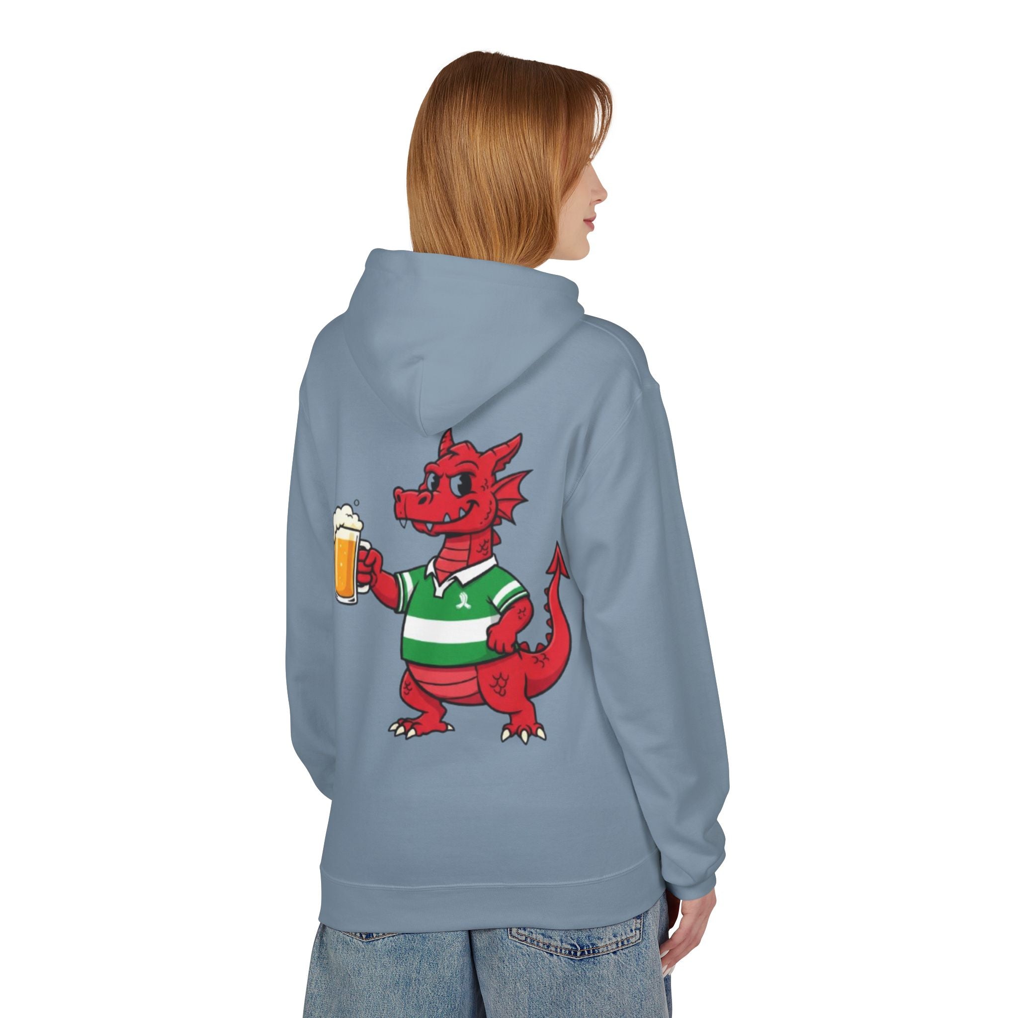 Welsh Dragon Drinking Beer Hoodie — Rugby Pub Fan Pullover
