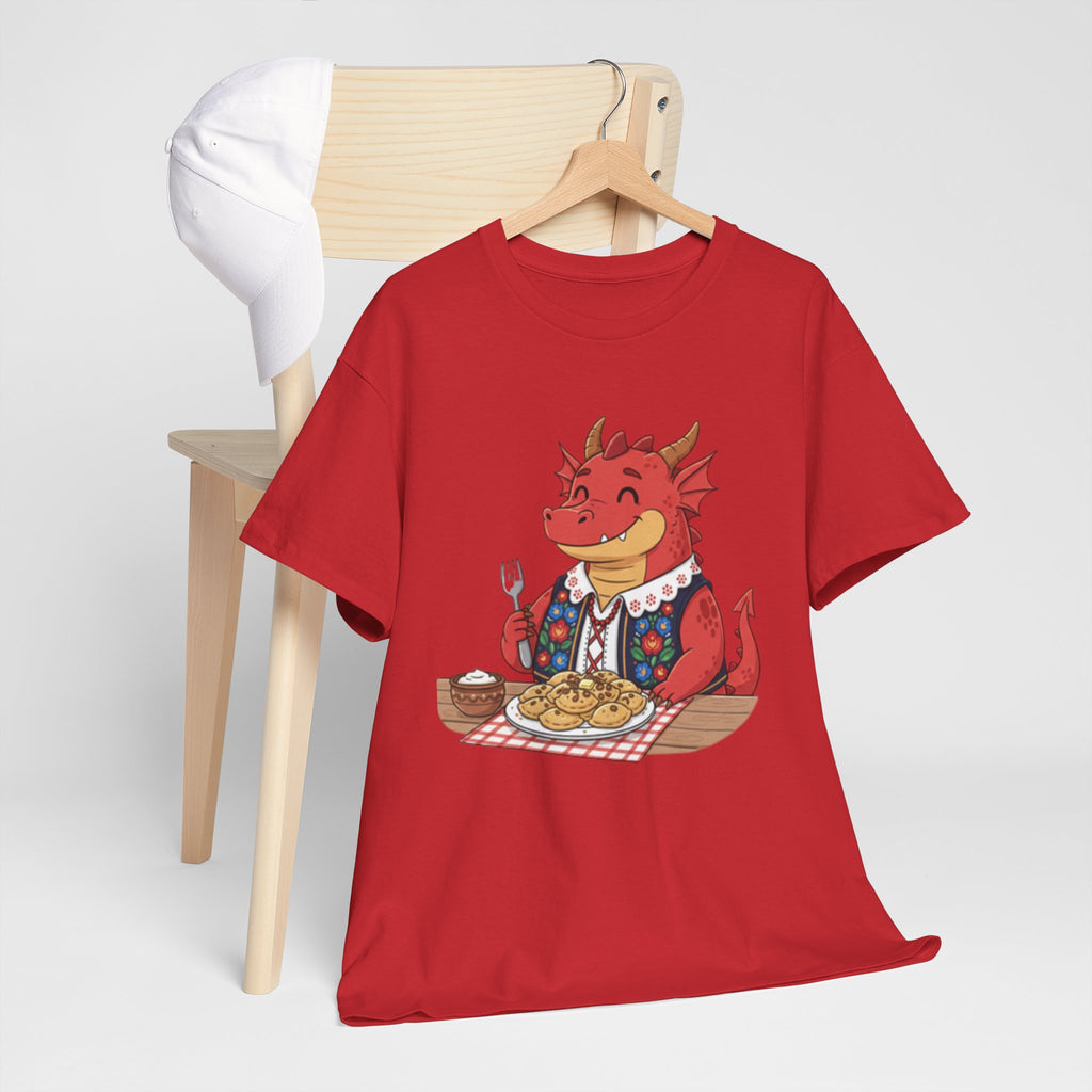 Dragon Eating Pierogi T-Shirt — "Mój nowy smok. Też lubi pierogi." Cute Polish Food Tee