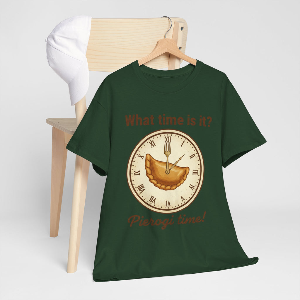 Pierogi Time T‑Shirt — "What time is it? Pierogi time!" Vintage Clock Food Tee