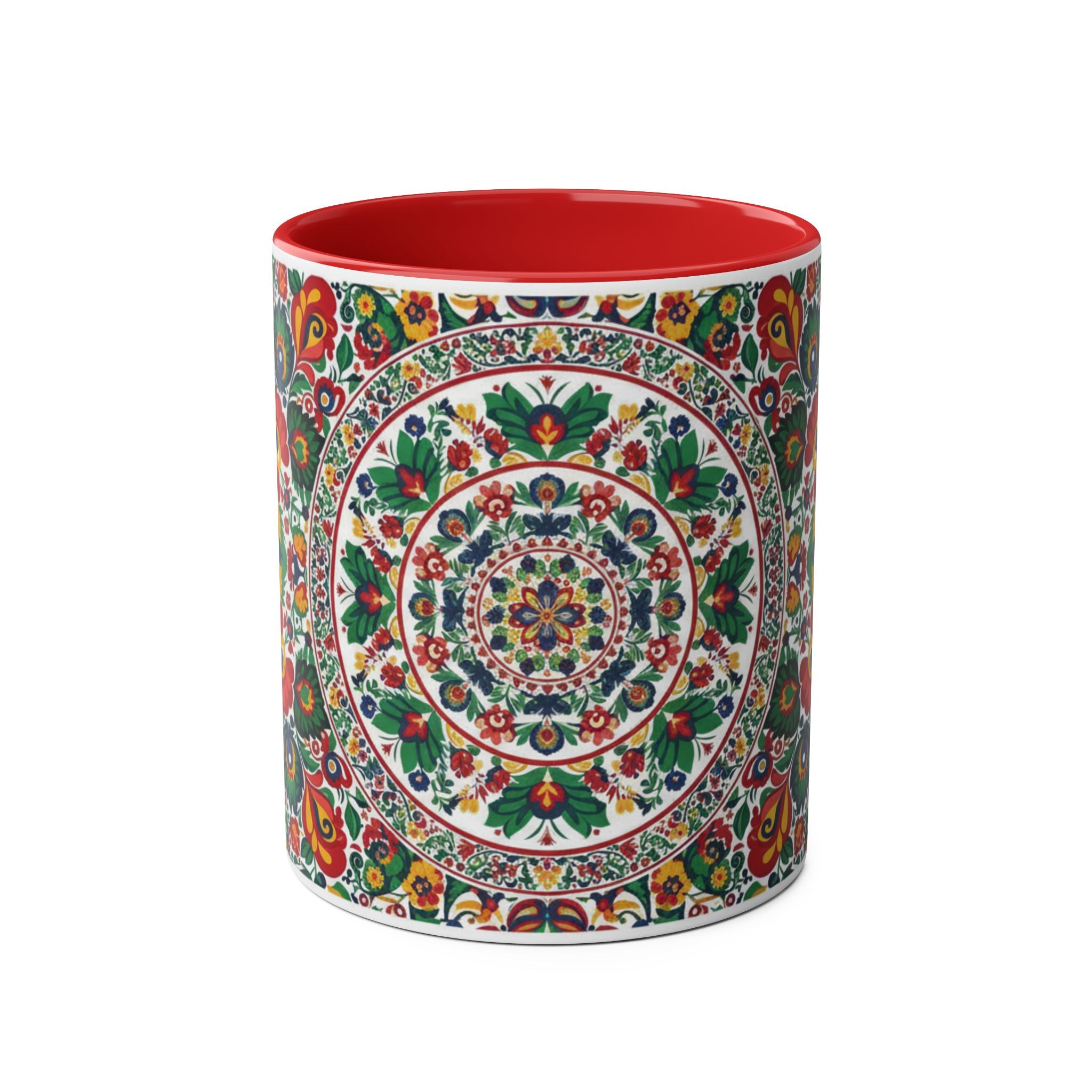 Floral Mandala Two-Tone Coffee Mug — Colorful Folk Art 11oz