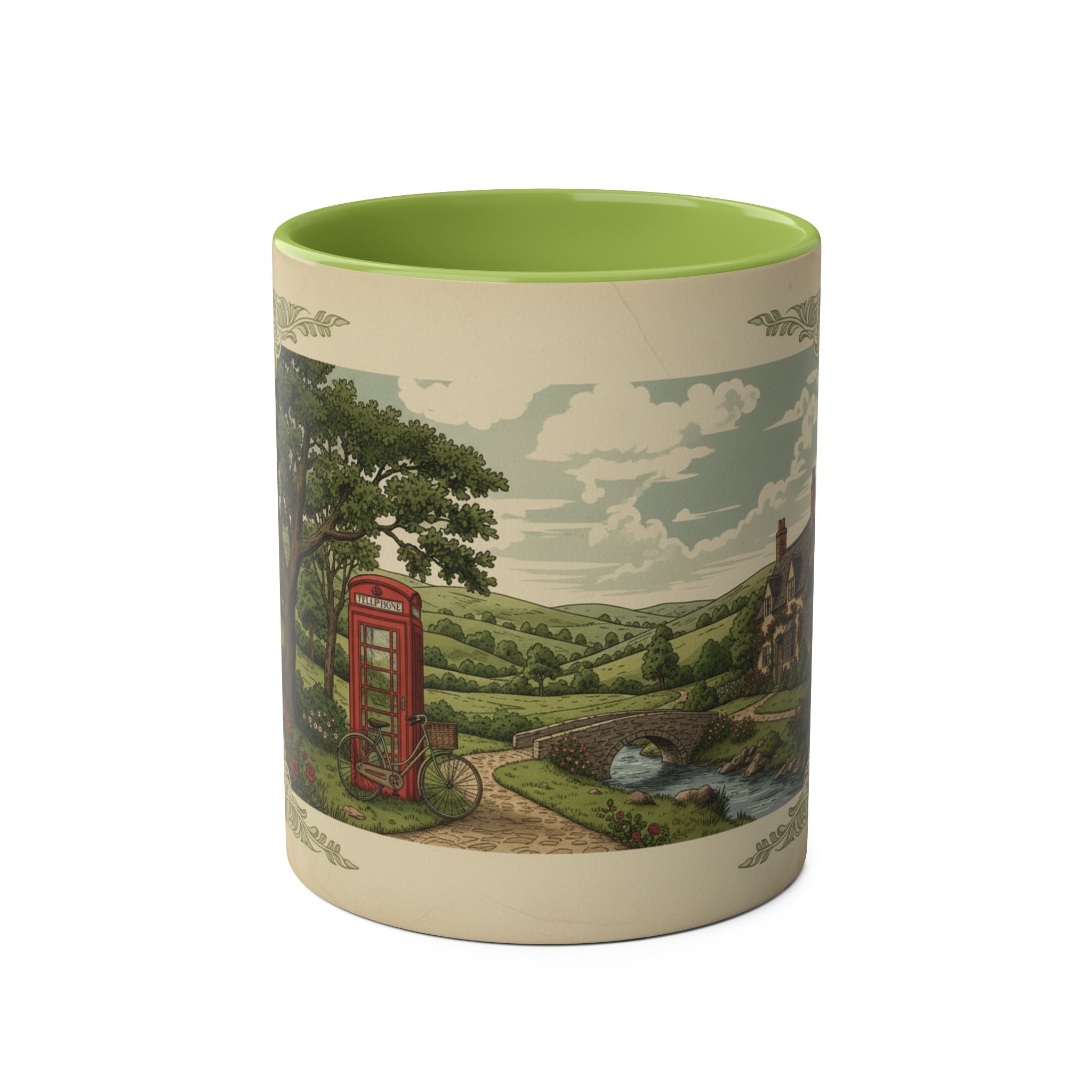 Vintage Countryside Coffee Mug – Red Phone Booth Scenic 11oz Two-Tone