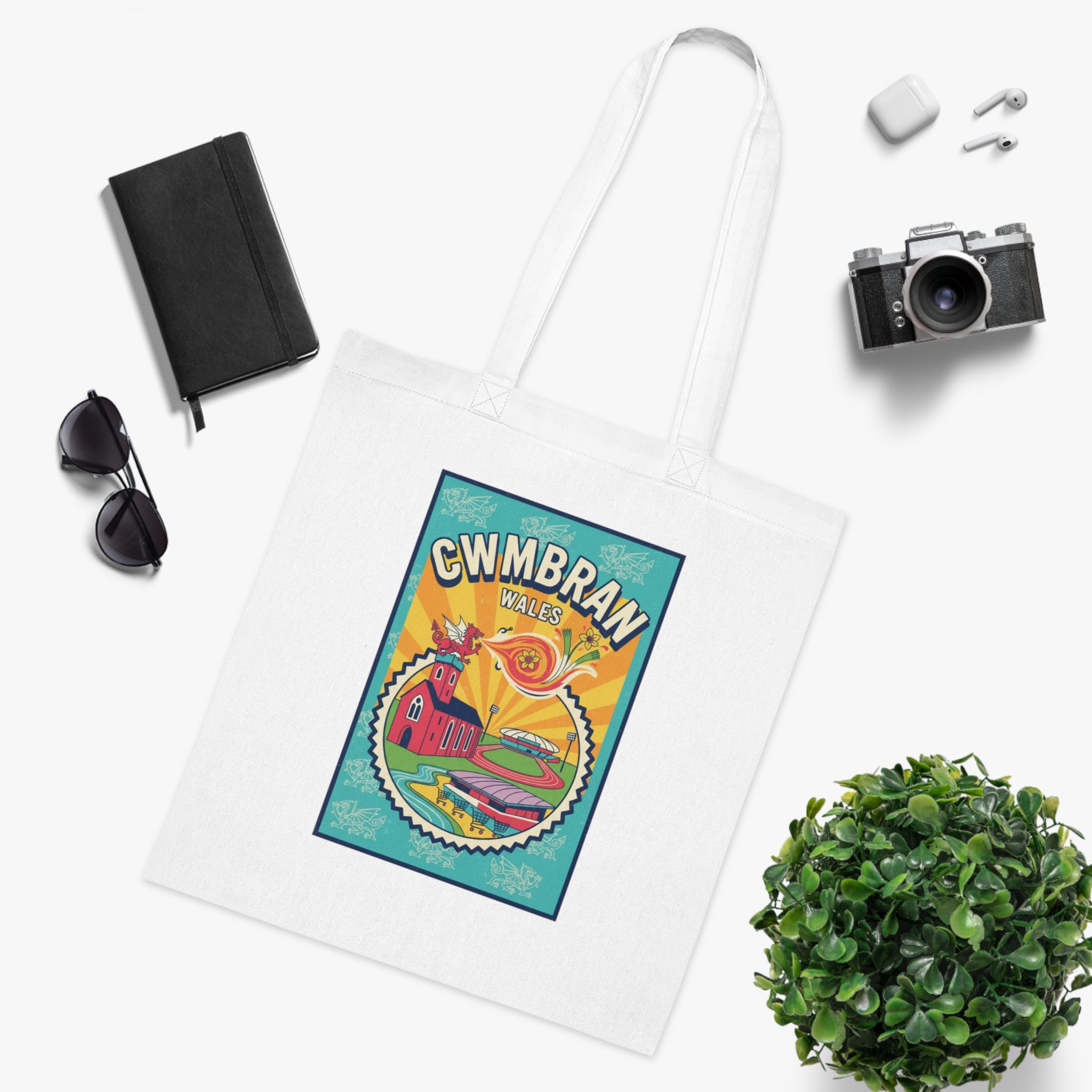 Cwmbran Wales Retro Travel Poster Cotton Tote Bag