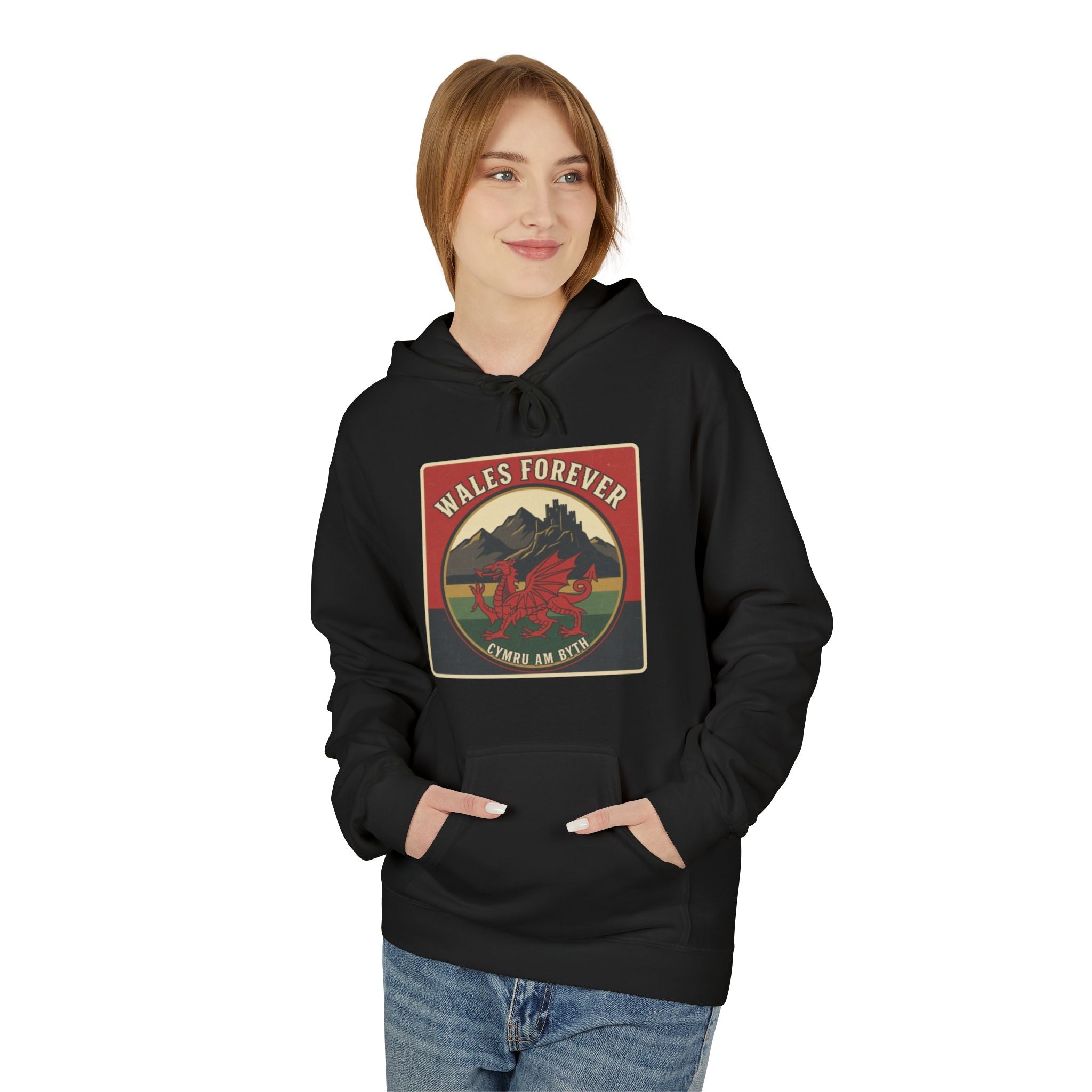Wales Forever Hoodie — Vintage Welsh Dragon Mountain Graphic
