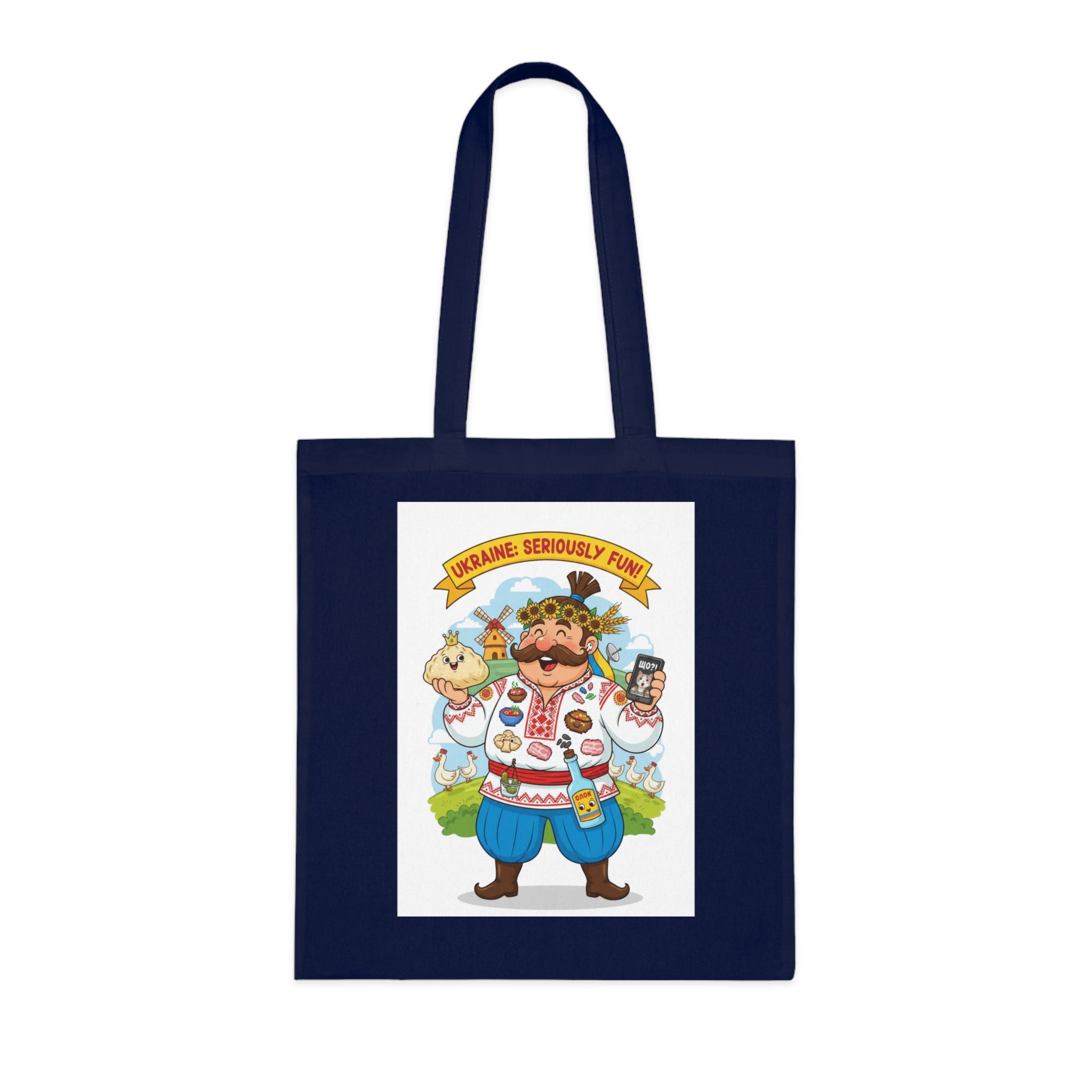 Ukrainian Pride Cotton Tote — "Ukraine Seriously? Fun!" Folk Character Market Bag