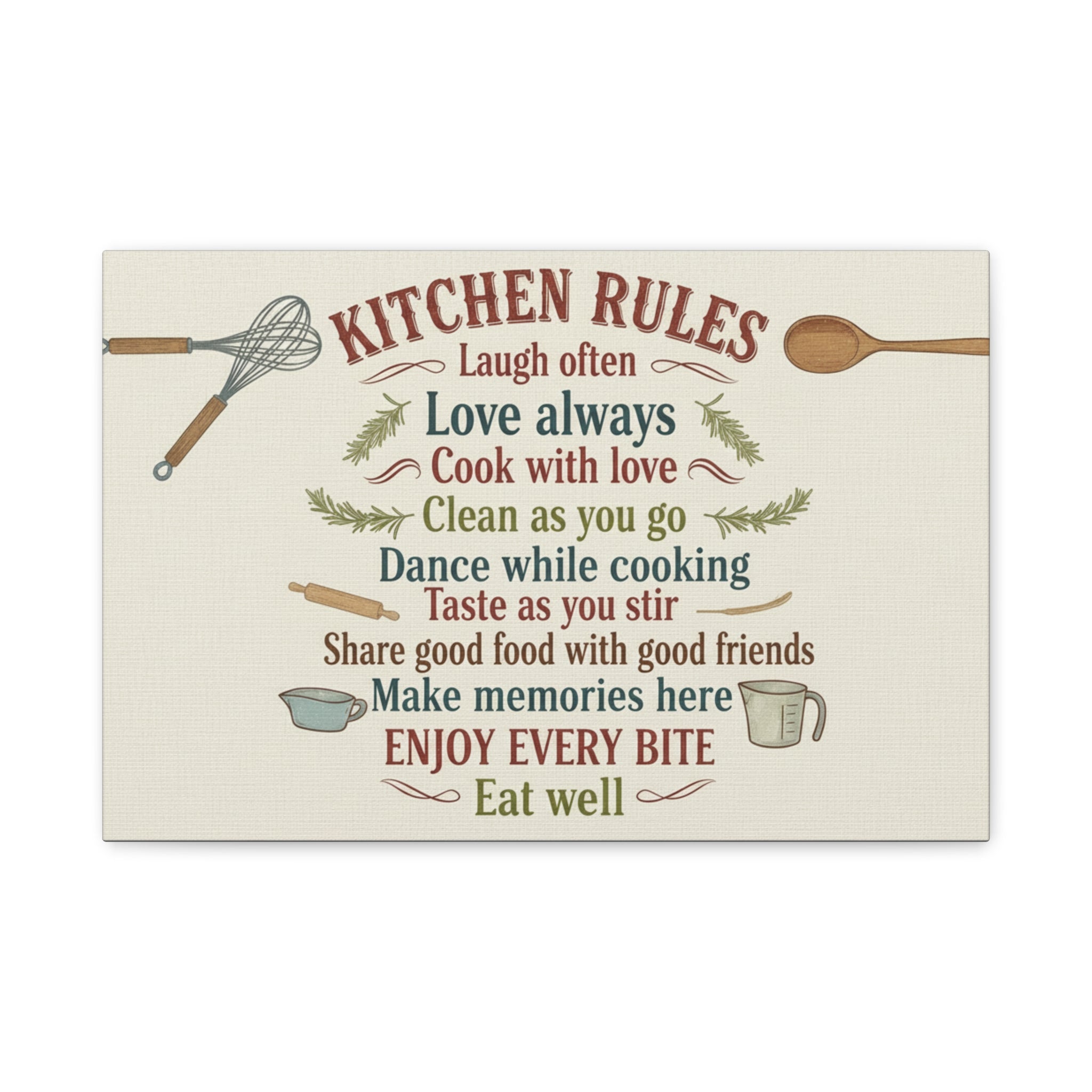 Kitchen Rules Canvas Wall Art — "Cook with Love" Inspirational Kitchen Sign